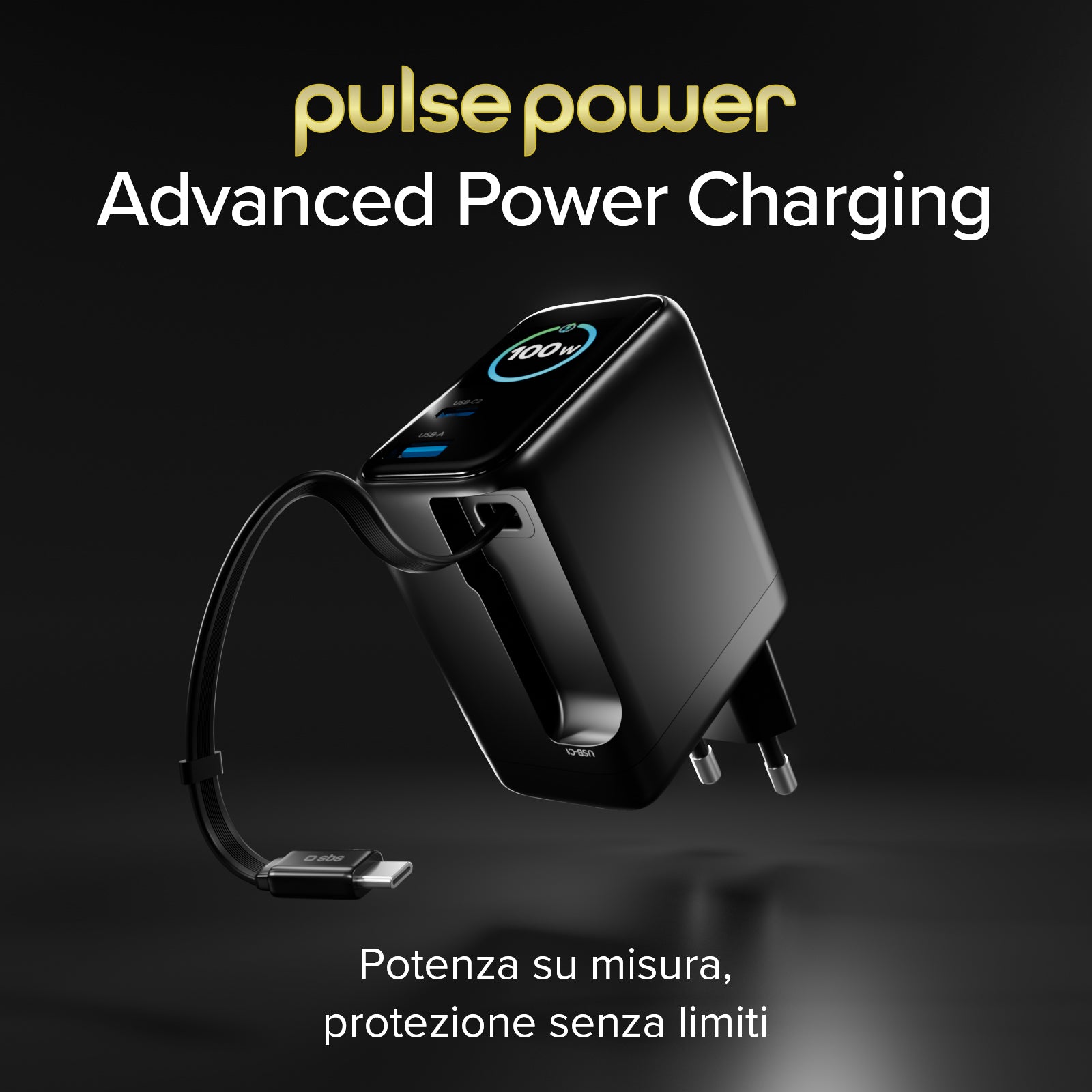 Chargeur 100W avec port USB-C, USB-A, câble USB-C extensible et écran TFT