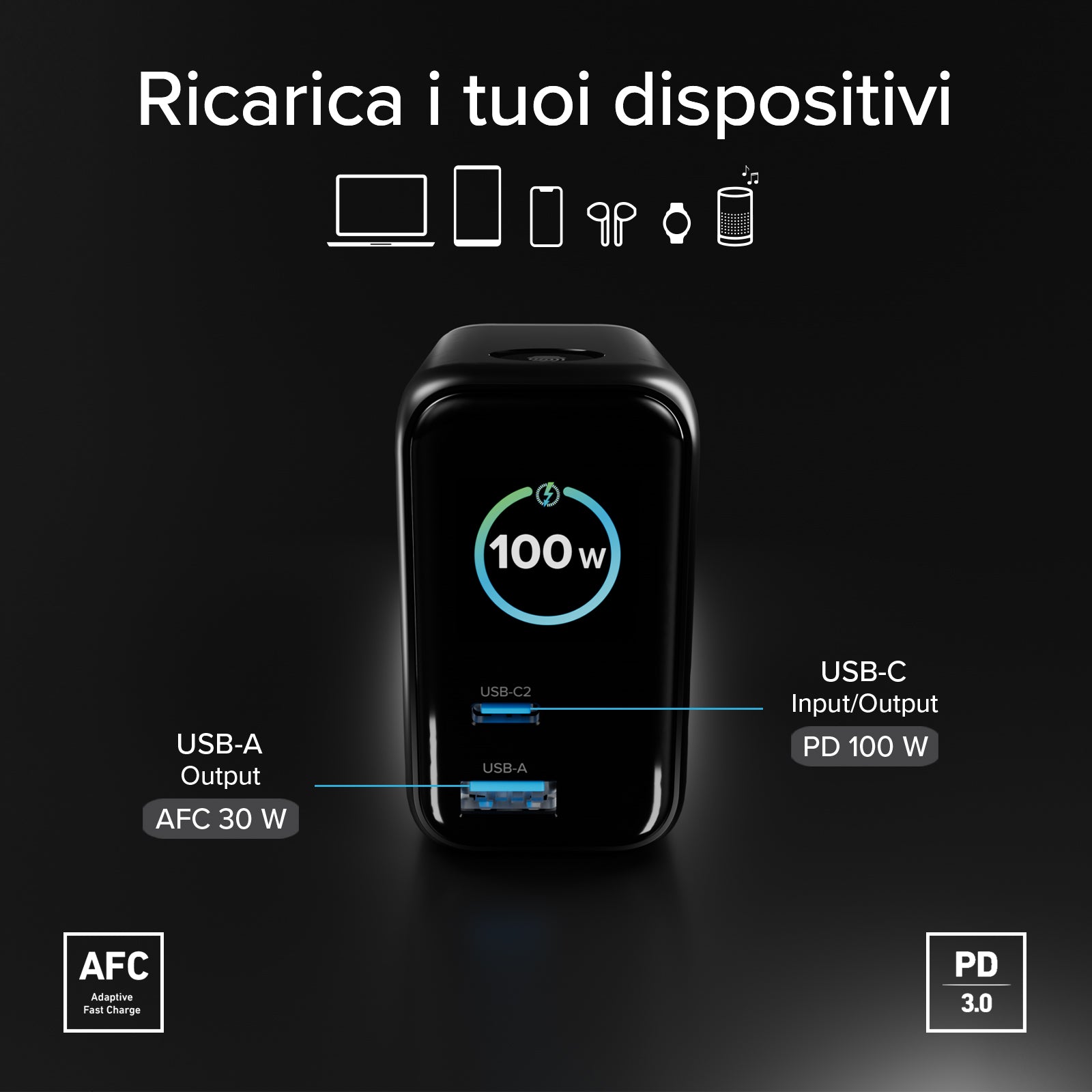 Chargeur 100W avec port USB-C, USB-A, câble USB-C extensible et écran TFT
