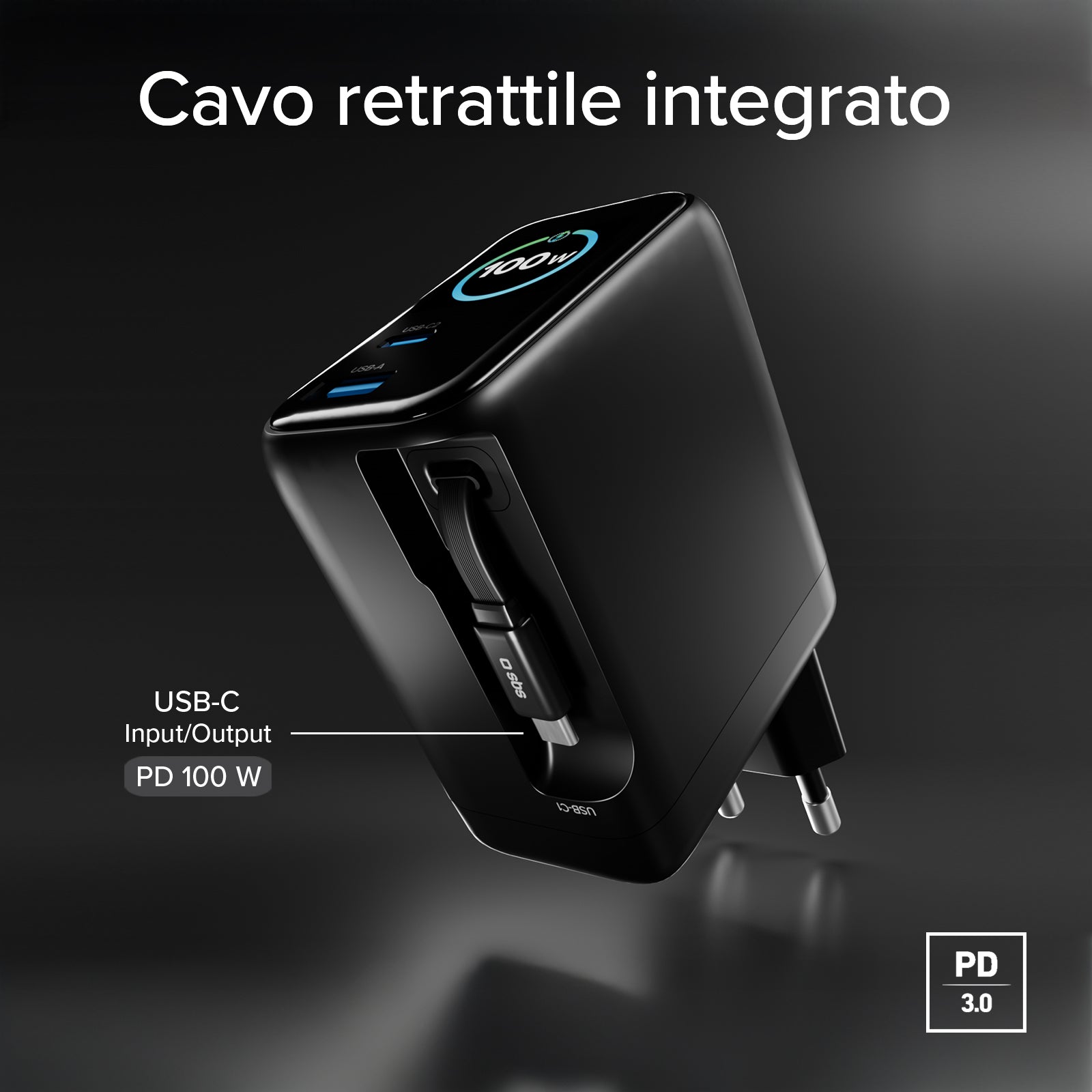 Chargeur 100W avec port USB-C, USB-A, câble USB-C extensible et écran TFT
