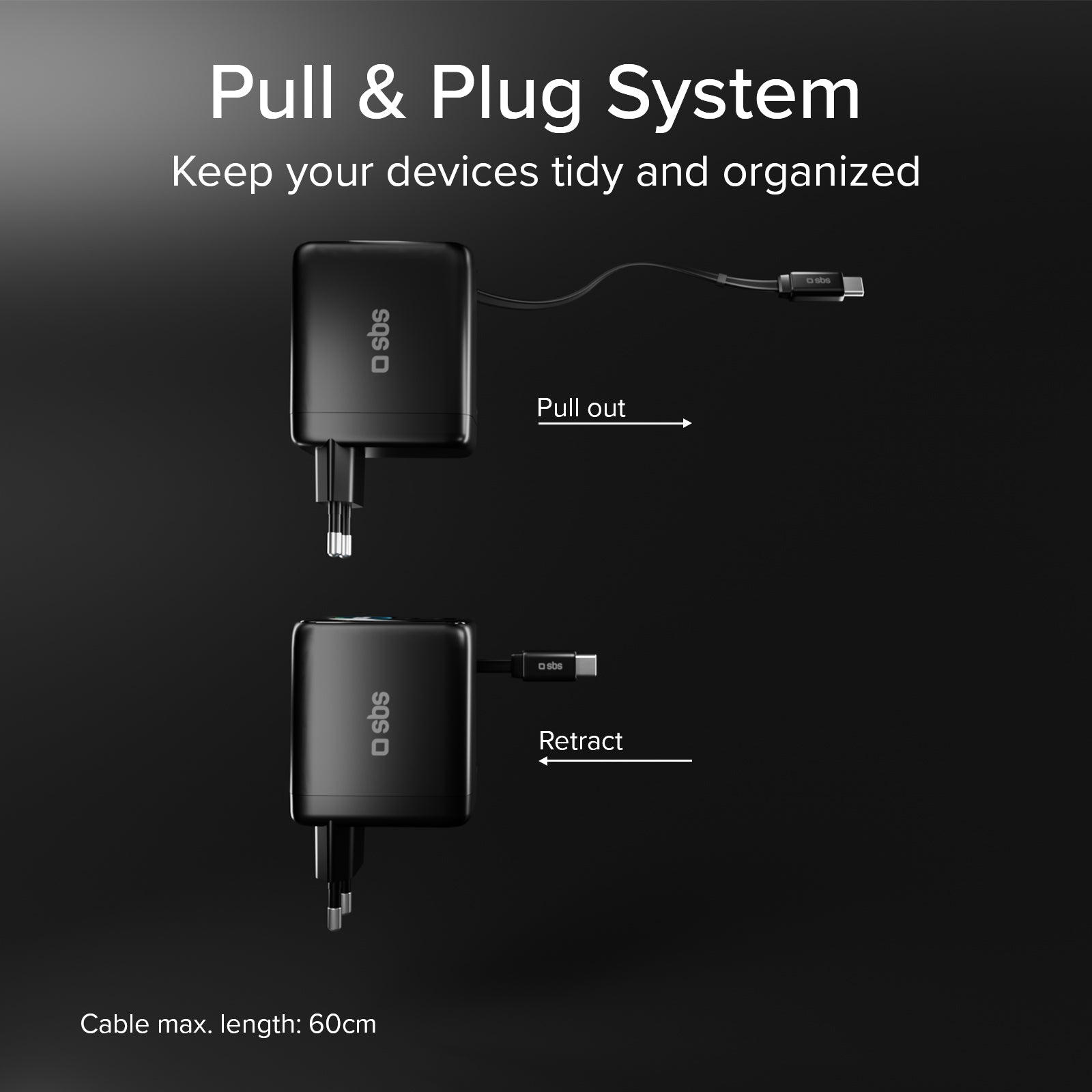 Chargeur 100W avec port USB-C, USB-A, câble USB-C extensible et écran TFT