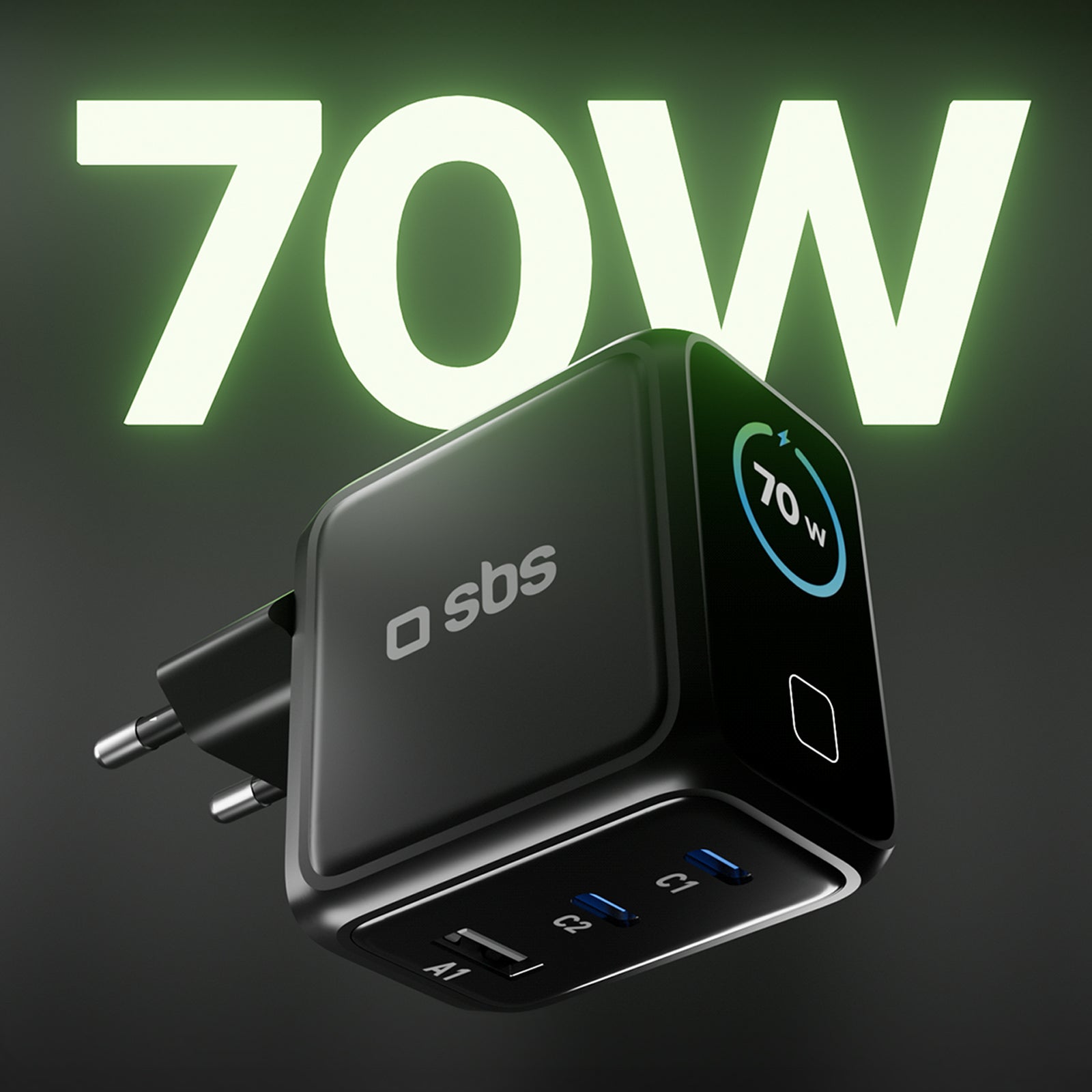 Cargador inteligente usb-c de 70 W con pantalla TFT y Power Control 2.0