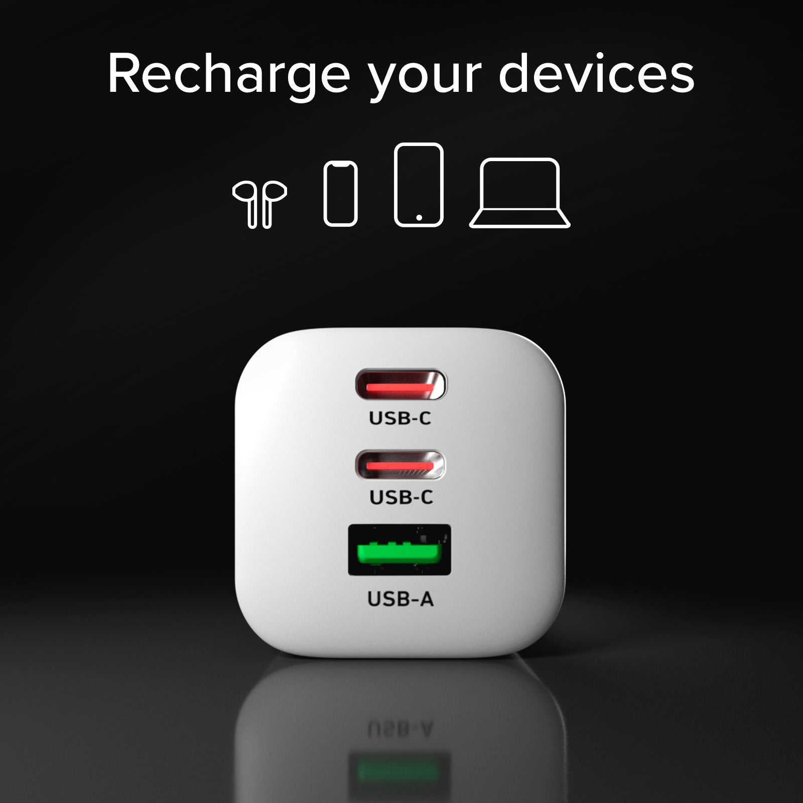 Cargador de pared GaN de 65W con 2 USB-C Power Delivery y USB-A para portátil, smartphone y tablet