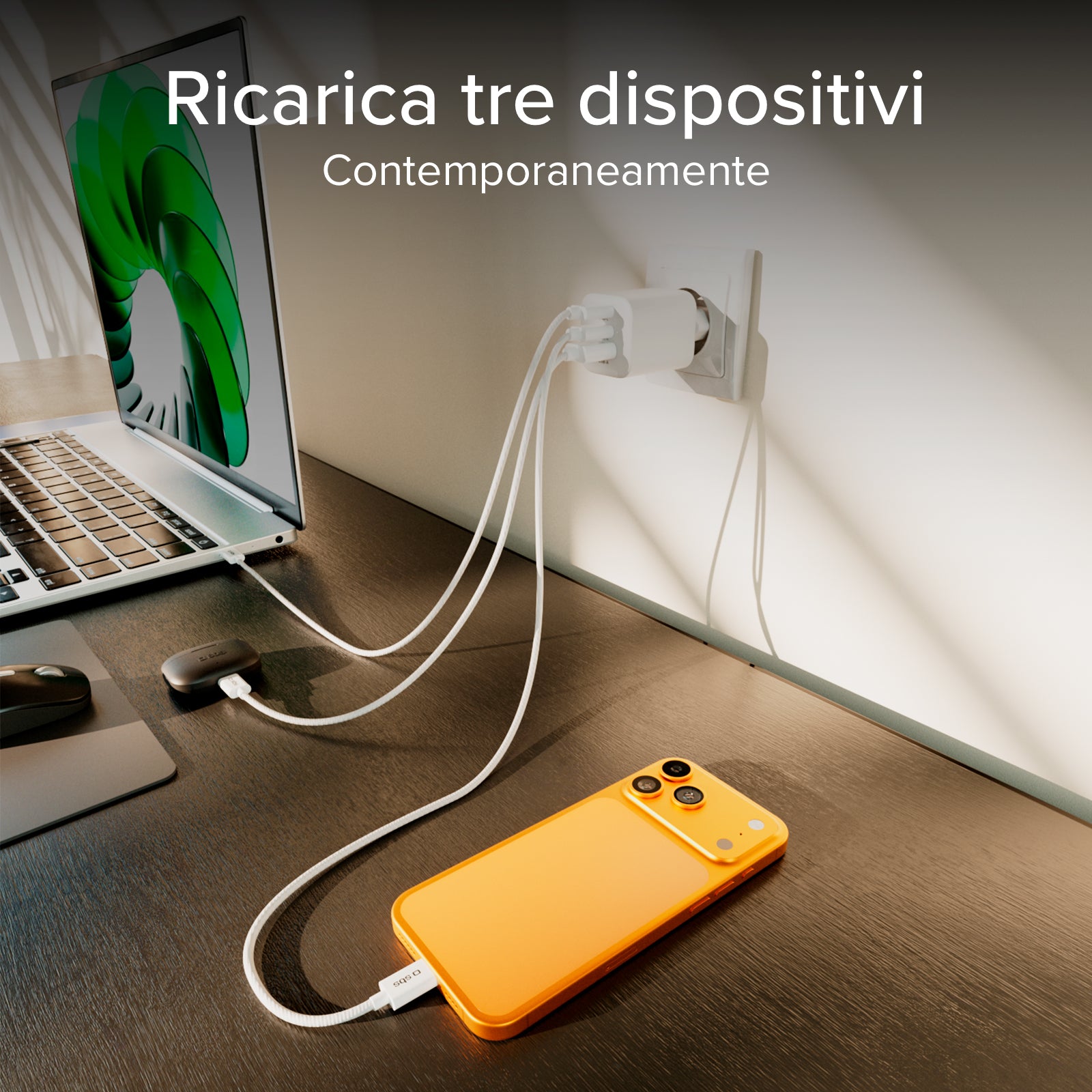 Cargador de pared GaN de 65W con 2 USB-C Power Delivery y USB-A para portátil, smartphone y tablet