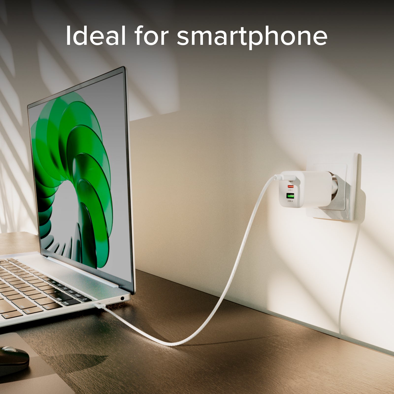 Cargador de pared GaN de 65W con 2 USB-C Power Delivery y USB-A para portátil, smartphone y tablet
