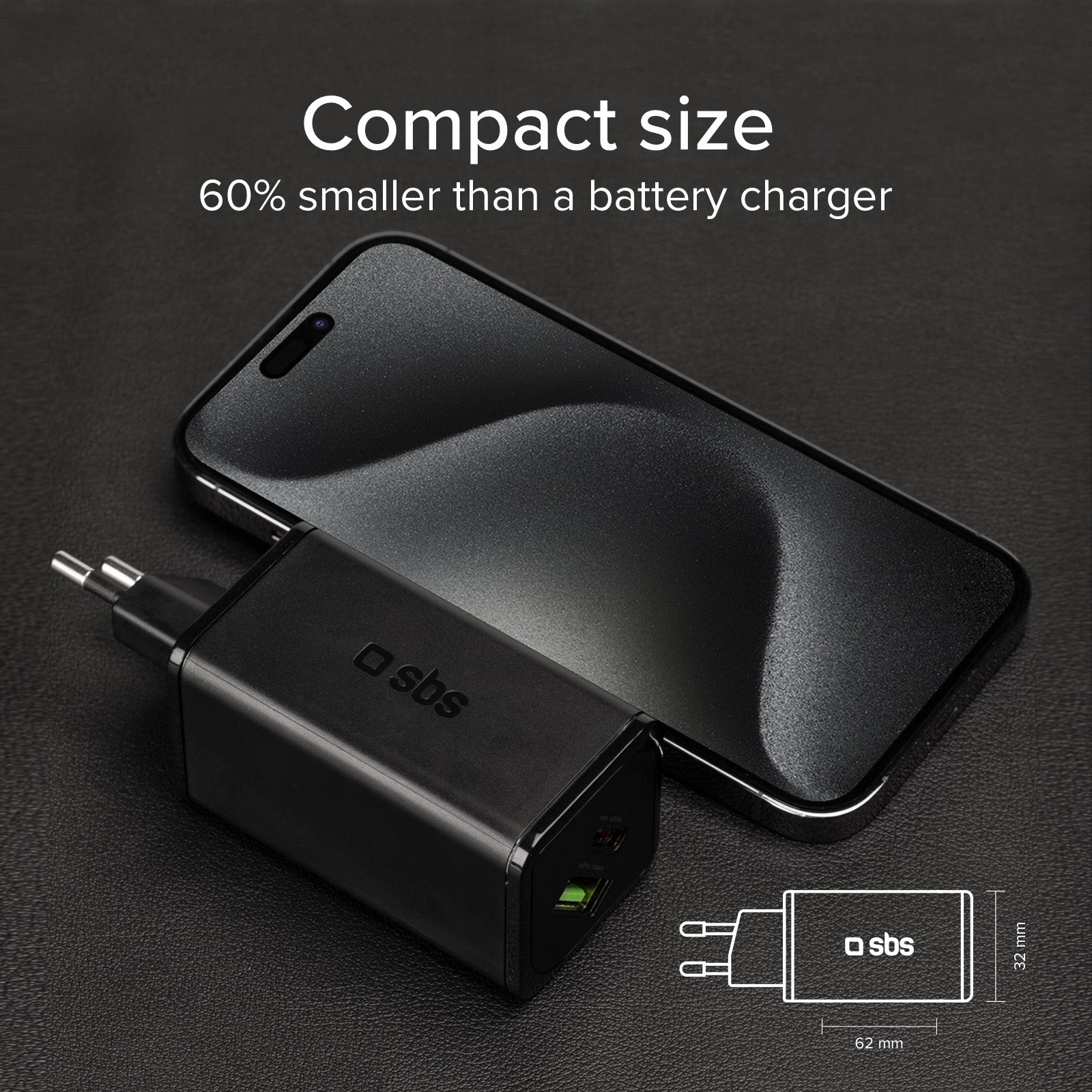 Cargador de pared GaN de 65 vatios con 1 USB-C Power Delivery y 1 USB-A Adaptive Fast Charge