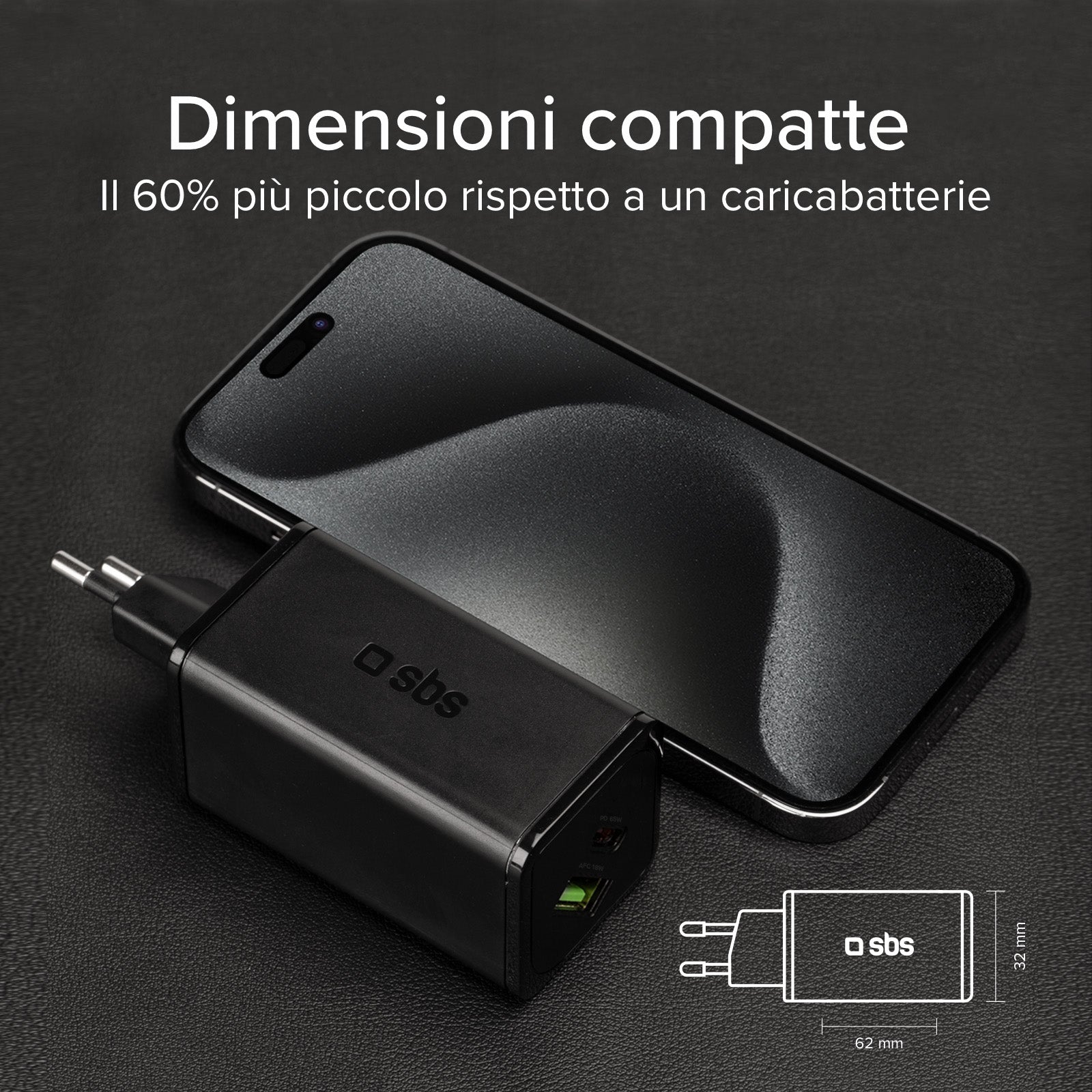 Cargador de pared GaN de 65 vatios con 1 USB-C Power Delivery y 1 USB-A Adaptive Fast Charge