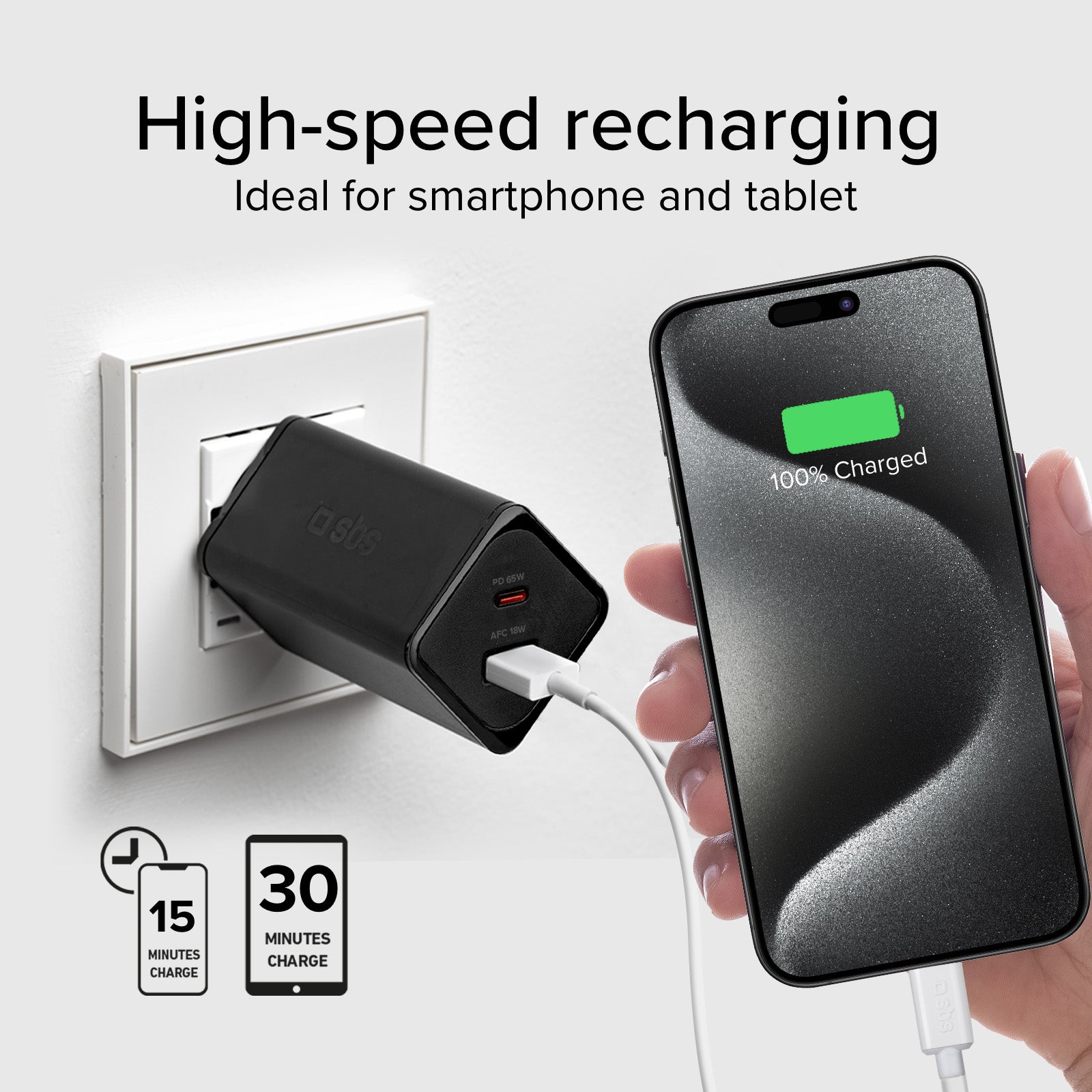 Cargador de pared GaN de 65 vatios con 1 USB-C Power Delivery y 1 USB-A Adaptive Fast Charge