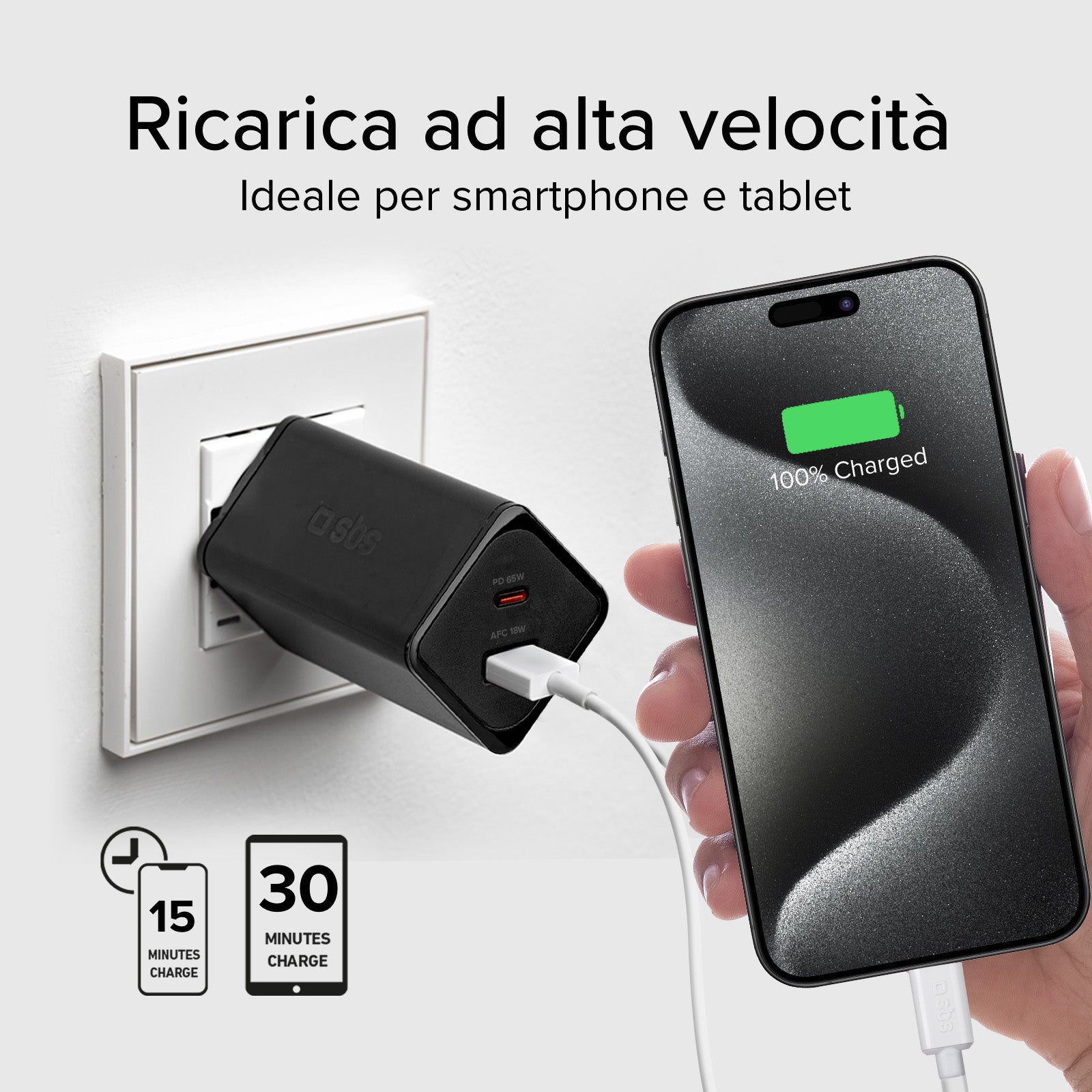Cargador de pared GaN de 65 vatios con 1 USB-C Power Delivery y 1 USB-A Adaptive Fast Charge