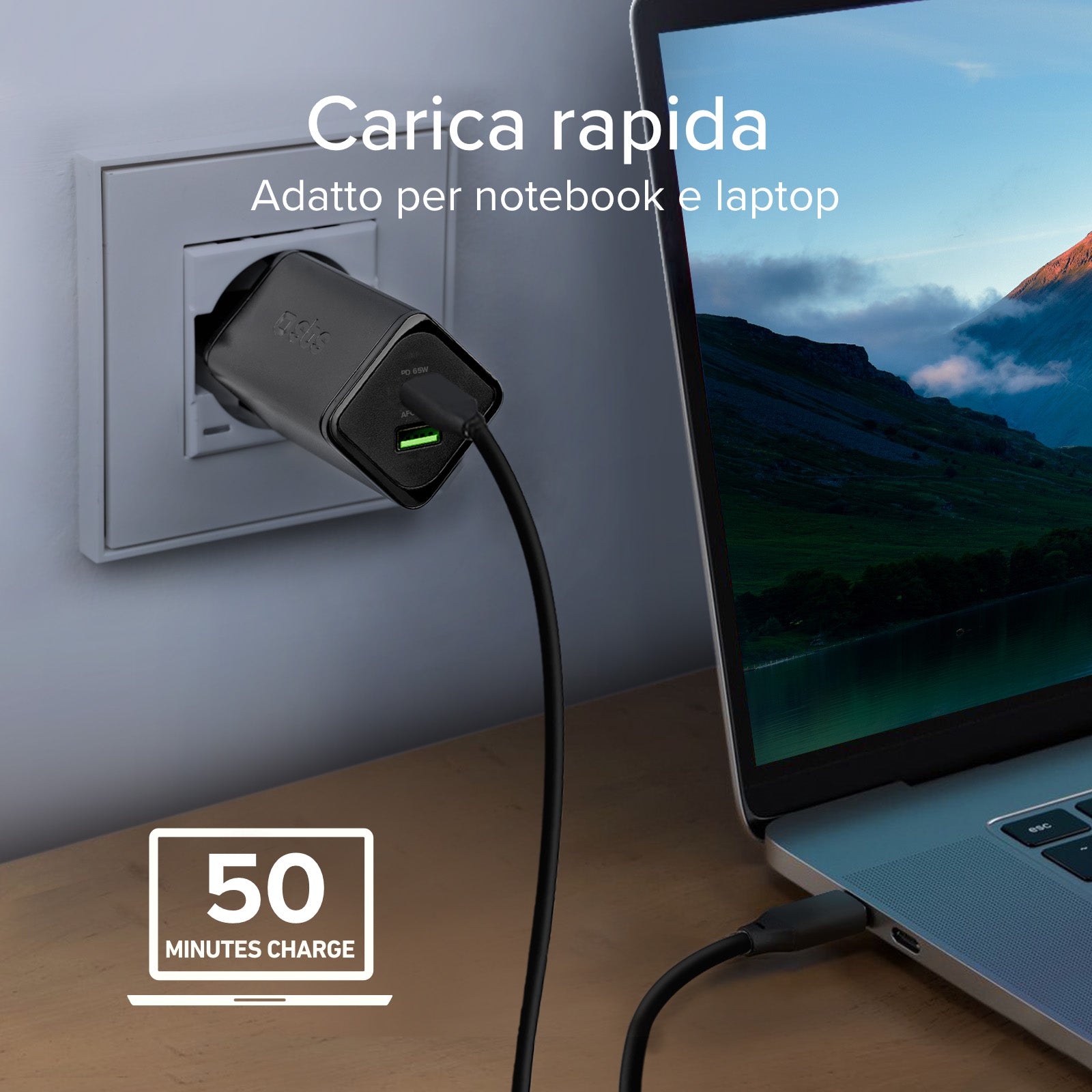 Cargador de pared GaN de 65 vatios con 1 USB-C Power Delivery y 1 USB-A Adaptive Fast Charge