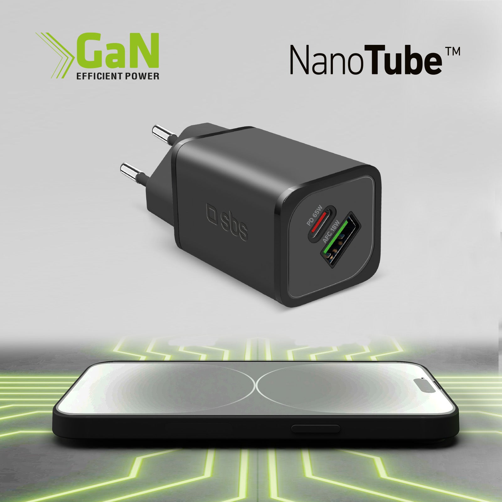 Cargador de pared GaN de 65 vatios con 1 USB-C Power Delivery y 1 USB-A Adaptive Fast Charge