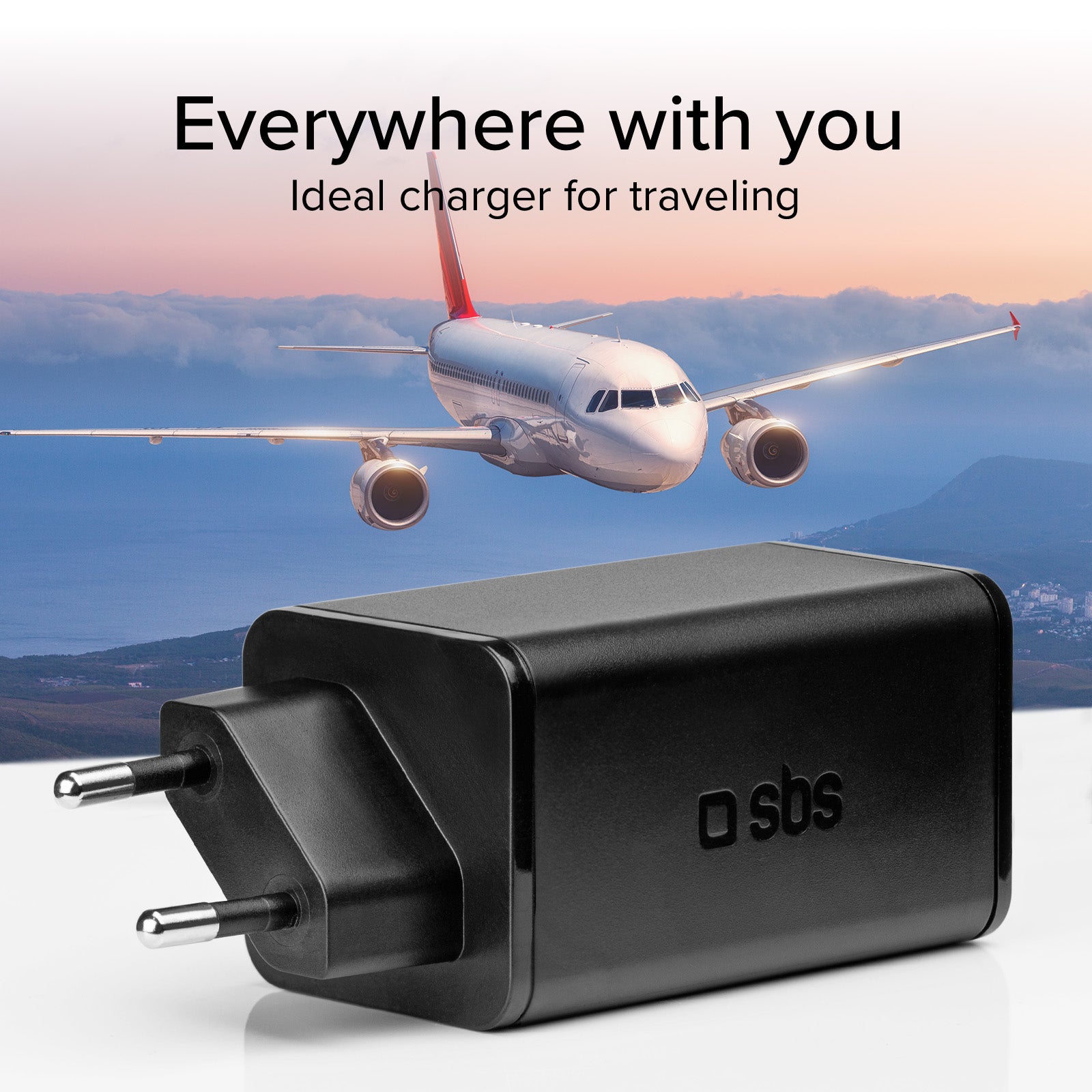 Cargador de pared GaN de 65 vatios con 1 USB-C Power Delivery y 1 USB-A Adaptive Fast Charge