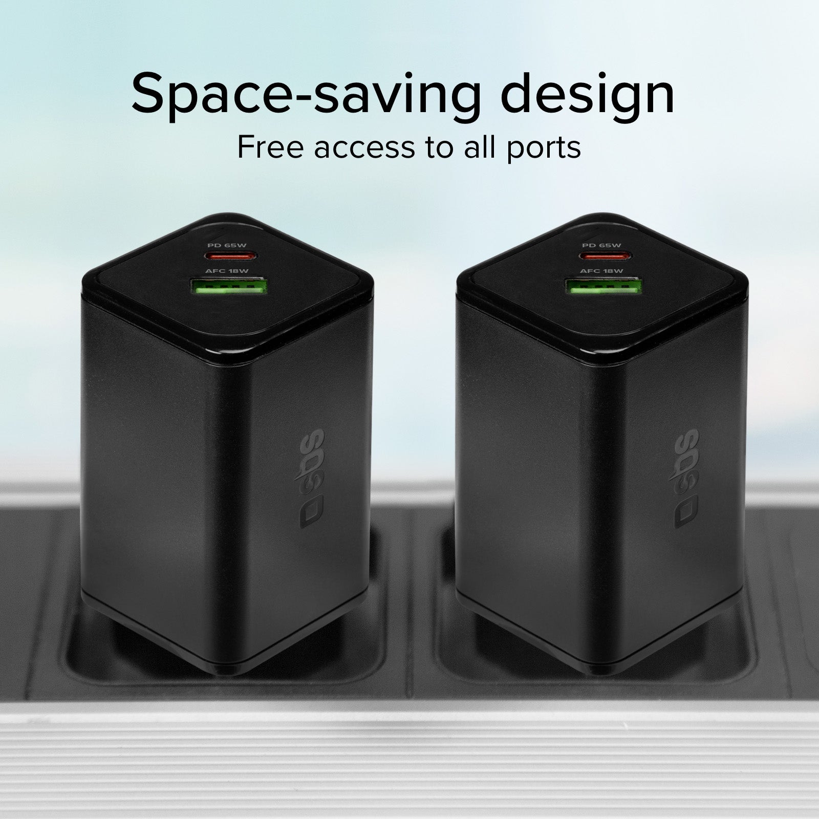 Cargador de pared GaN de 65 vatios con 1 USB-C Power Delivery y 1 USB-A Adaptive Fast Charge