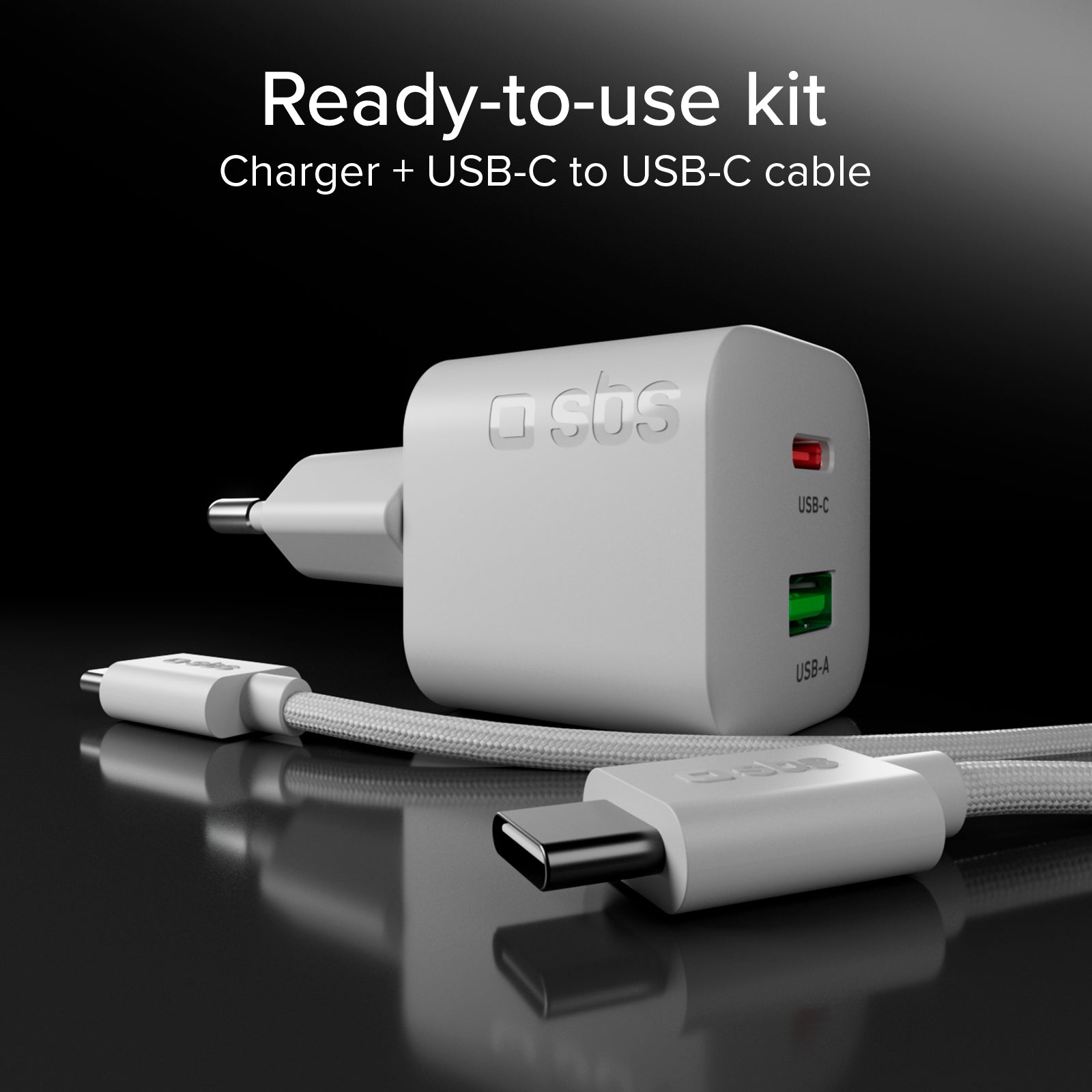 Kit de carga con cargador de pared 20W GaN Power Delivery y cable USB-C de 1,5 m