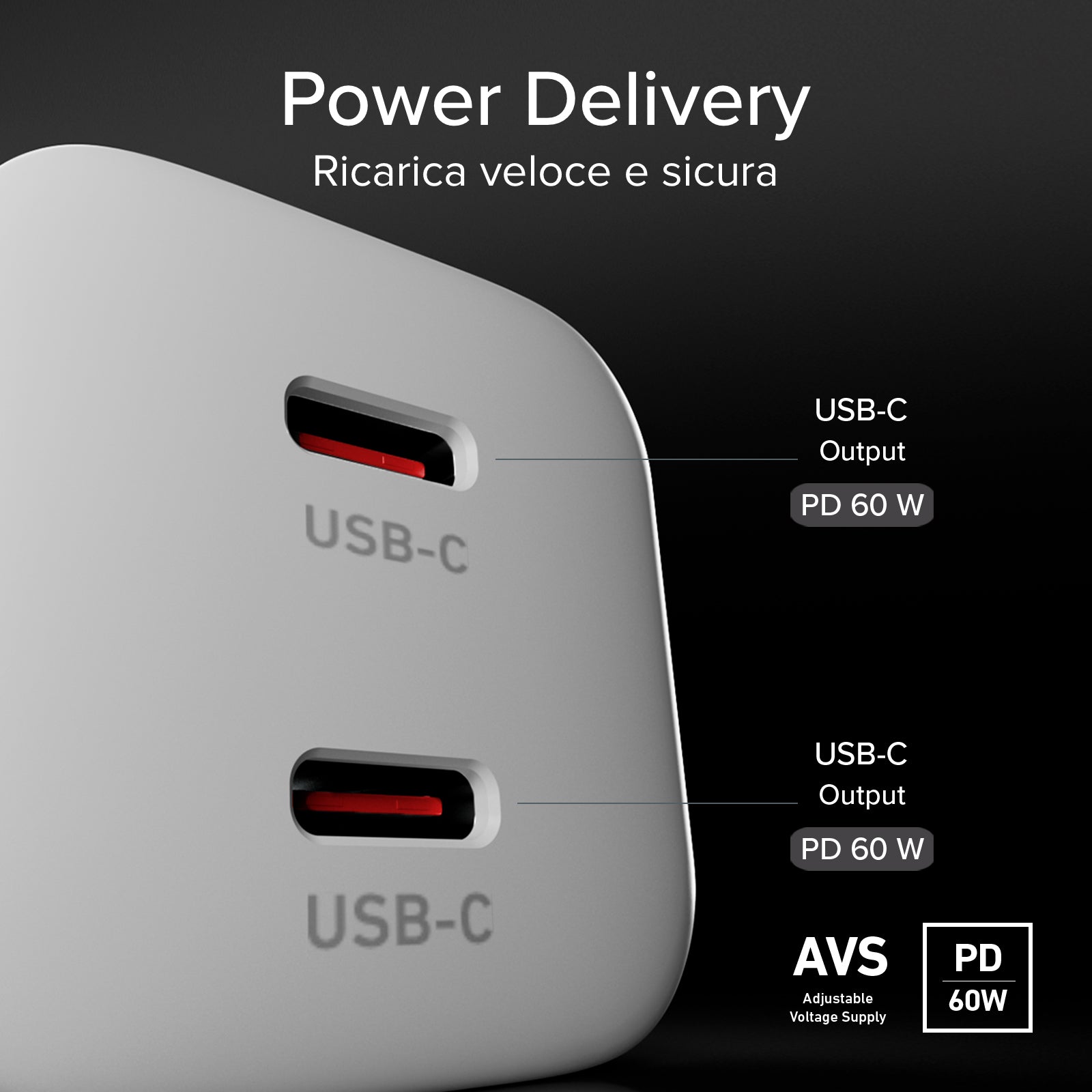 Kit caricatore da parete 60W PD e AVS, 2 porte e cavo USB-C 1,5 m