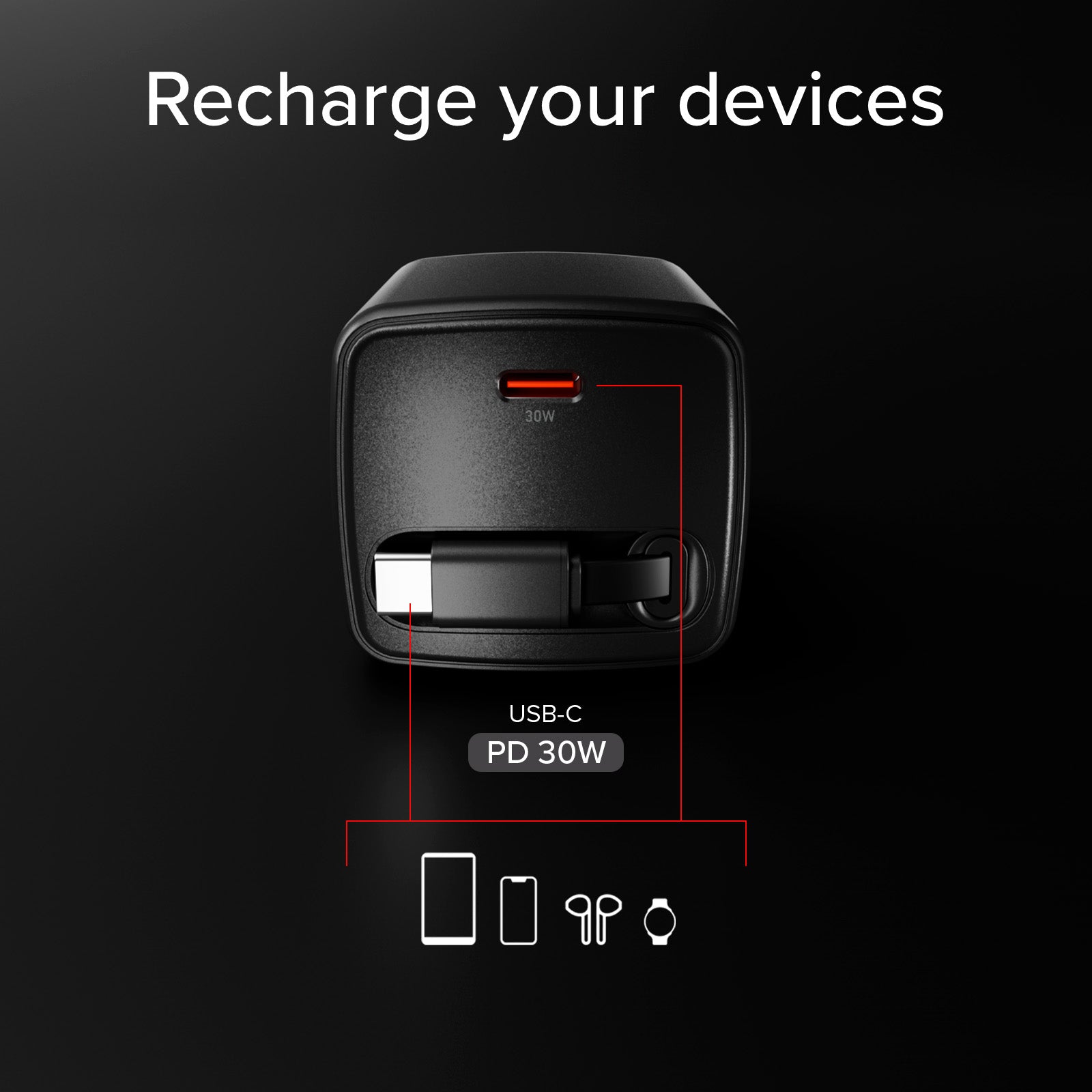 Cargador GaN USB-C 30 W con cable retráctil