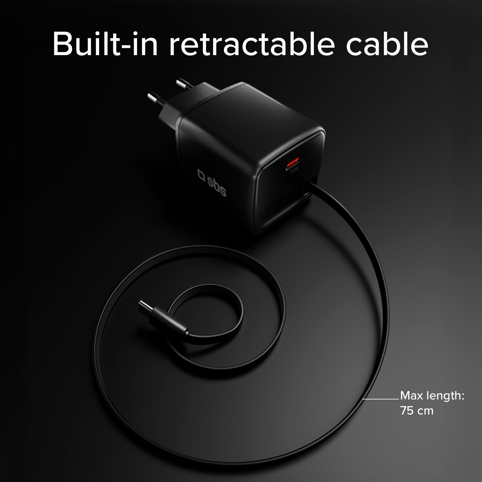 Cargador GaN USB-C 30 W con cable retráctil