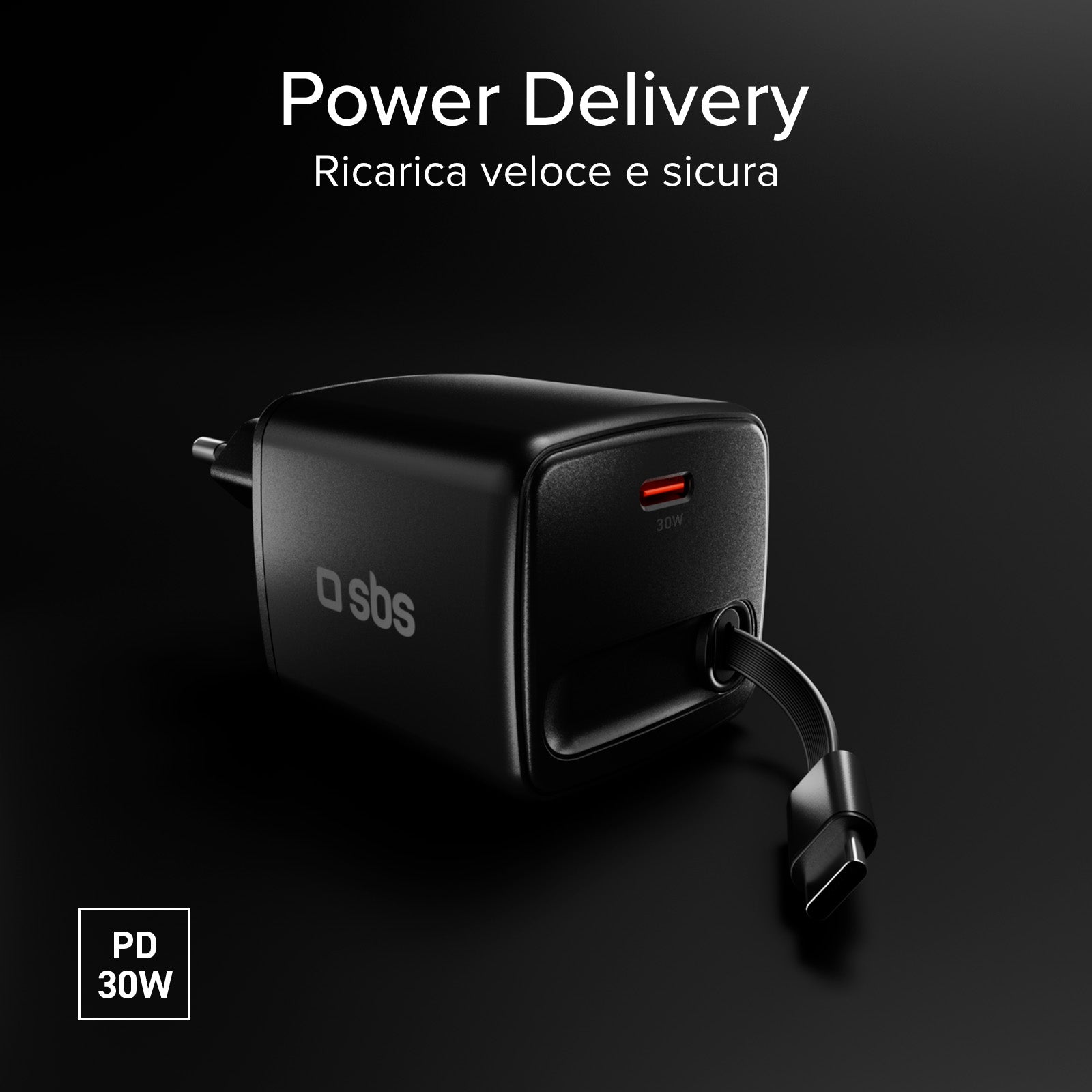 Cargador GaN USB-C 30 W con cable retráctil