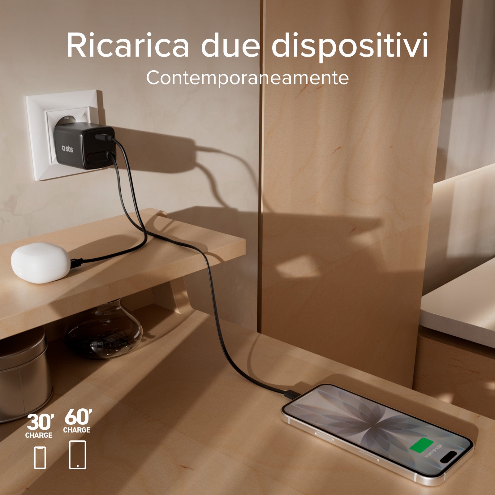 Cargador GaN USB-C 30 W con cable retráctil
