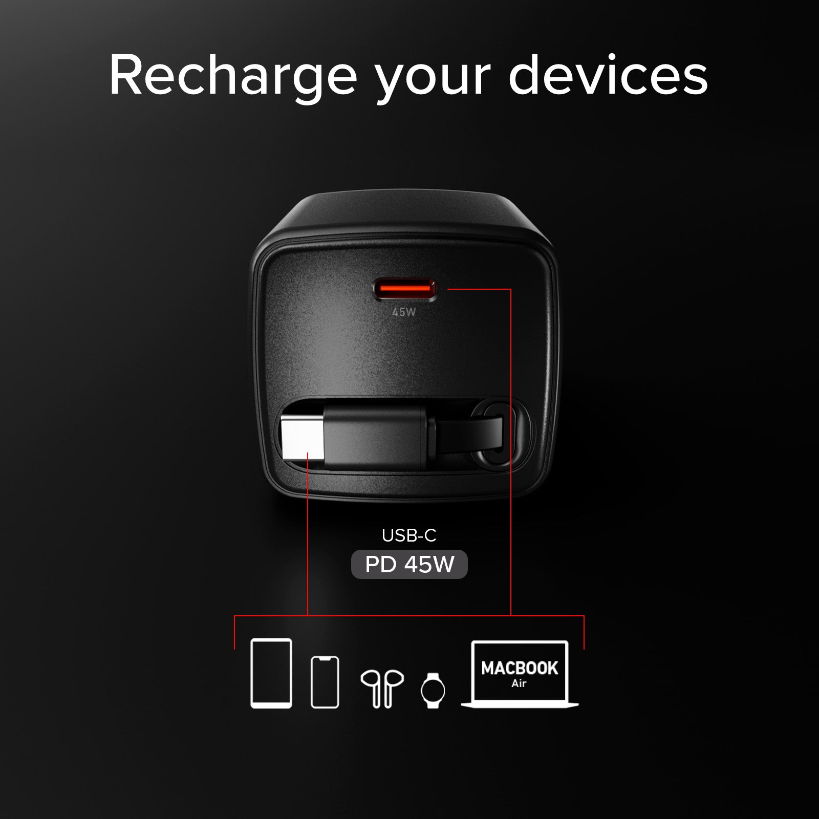 Chargeur USB-C 45 W avec câble rétractable GaN