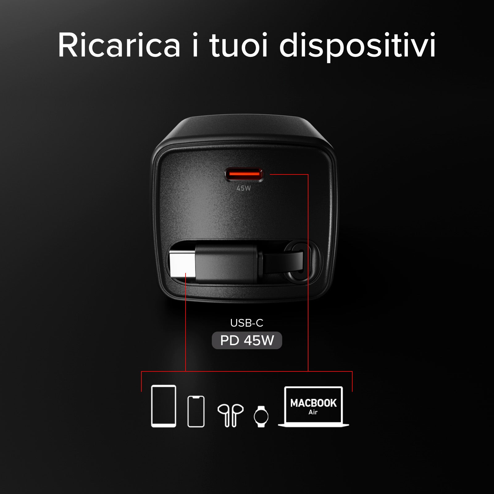 Chargeur USB-C 45 W avec câble rétractable GaN