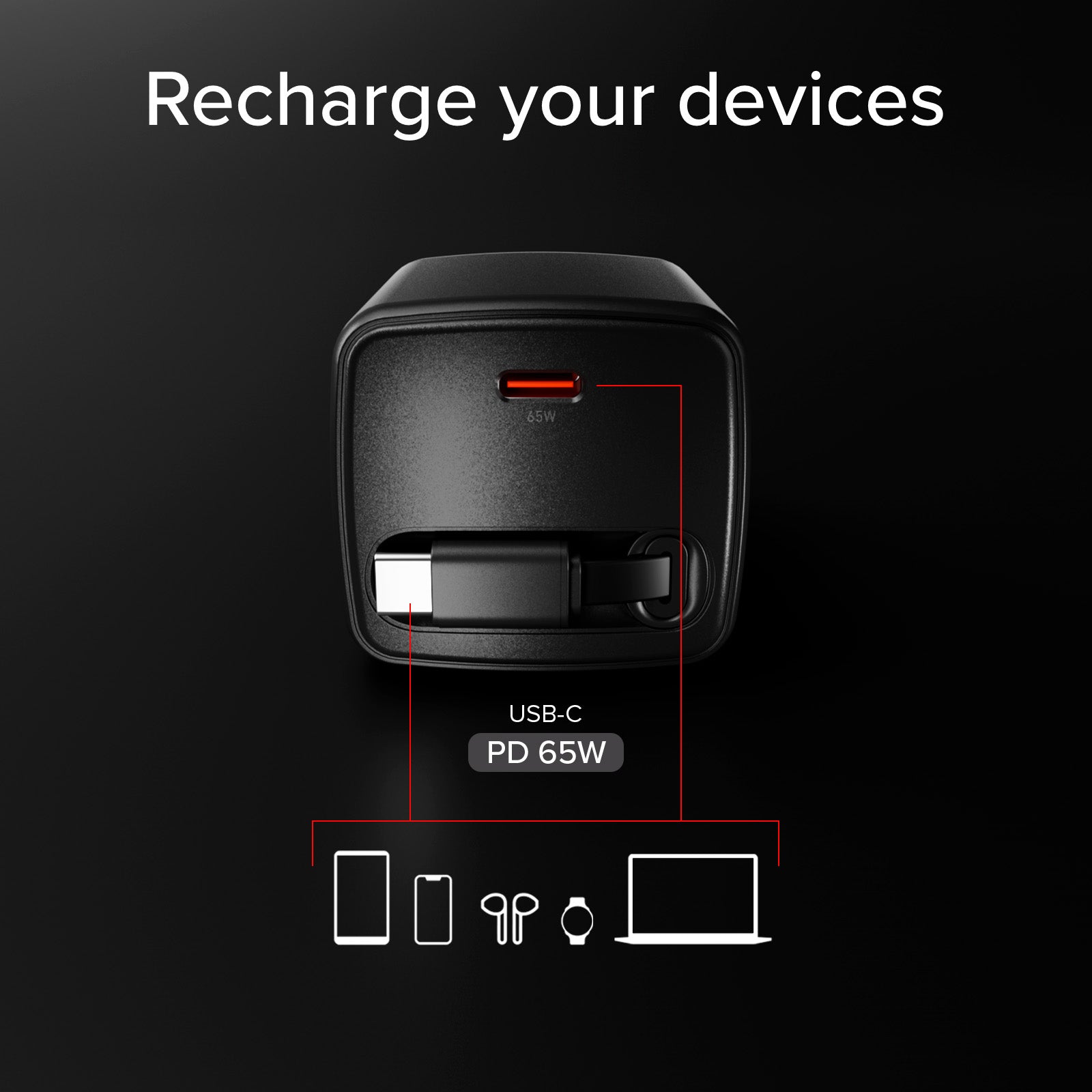65 W USB-C GaN charger with retractable cable