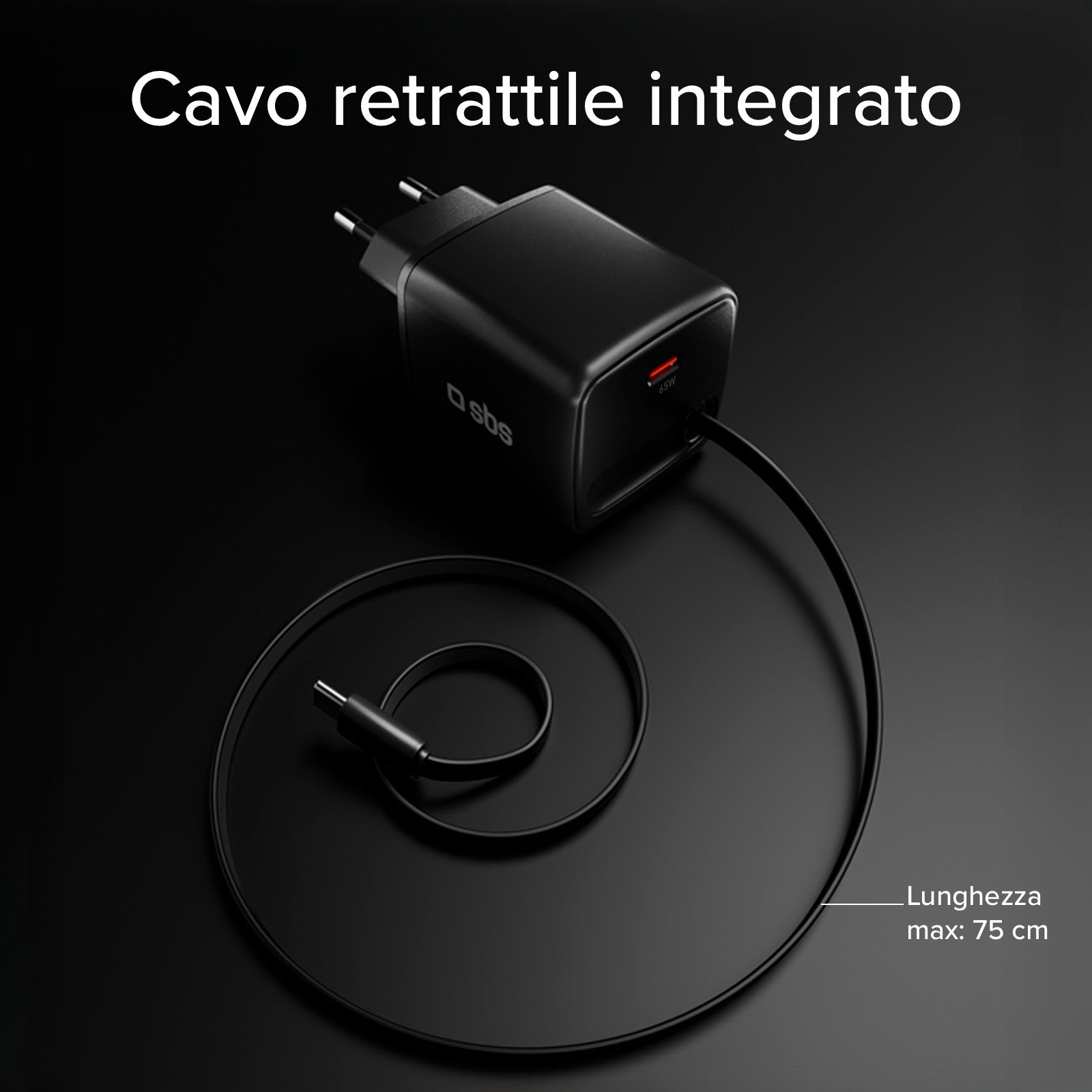 65 W USB-C GaN charger with retractable cable