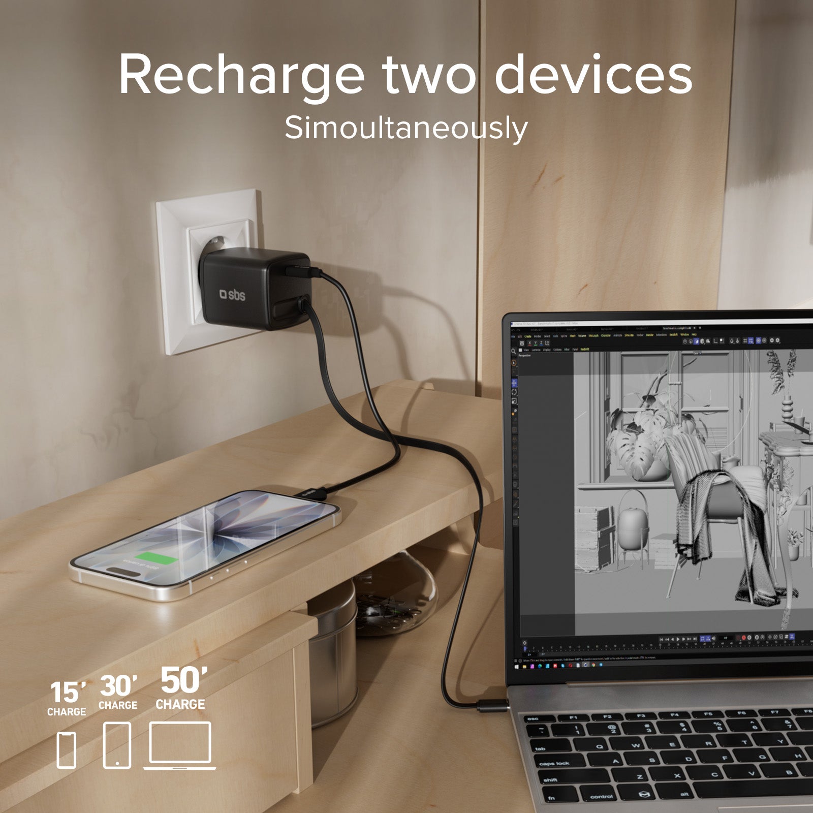 65 W USB-C GaN charger with retractable cable