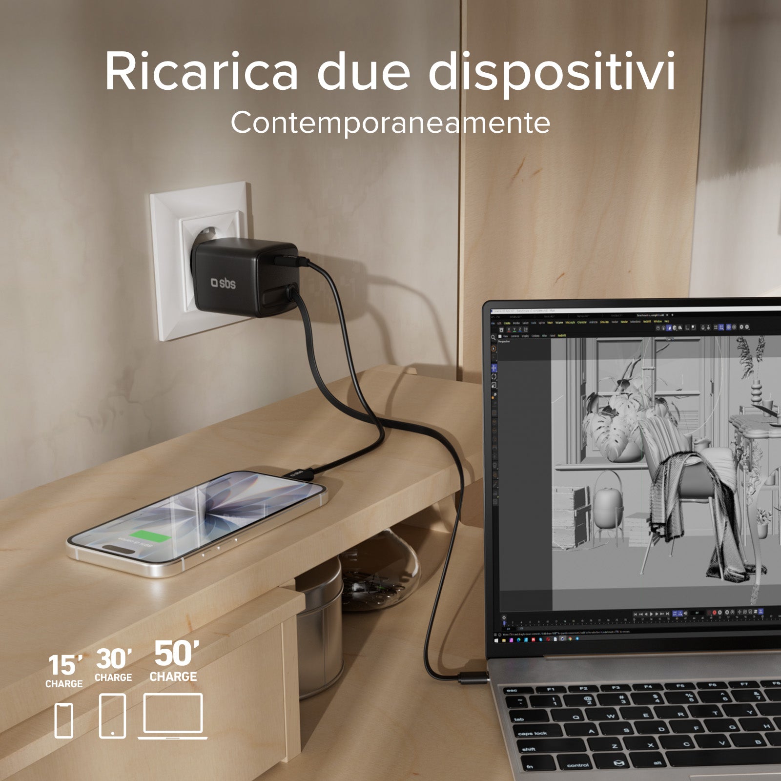 65 W USB-C GaN charger with retractable cable