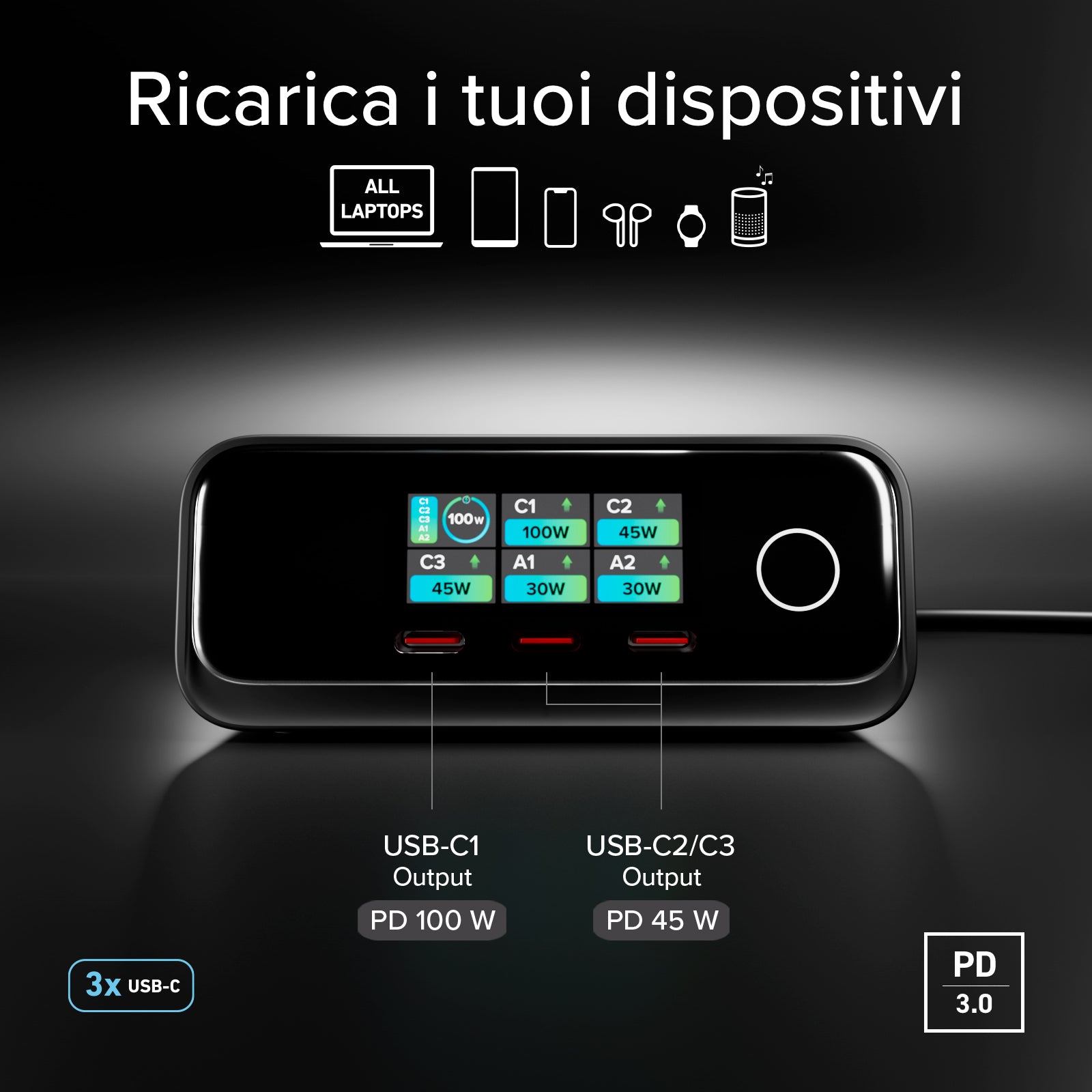 100W Power Delivery Tischladestation mit TFT-Display, 3 USB-C- und 2 USB-A-Anschlüssen, ideal für Laptops
