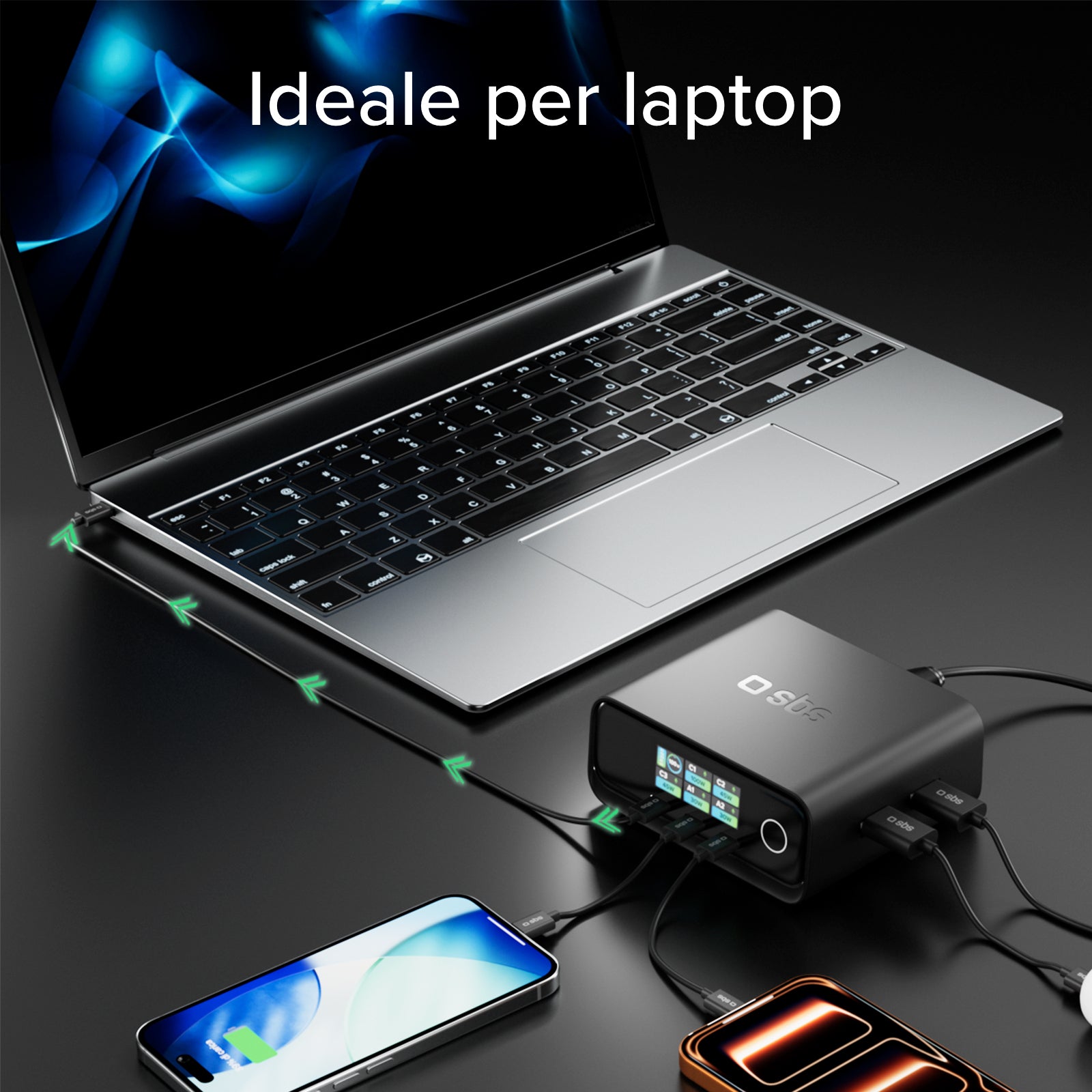 100W Power Delivery Tischladestation mit TFT-Display, 3 USB-C- und 2 USB-A-Anschlüssen, ideal für Laptops