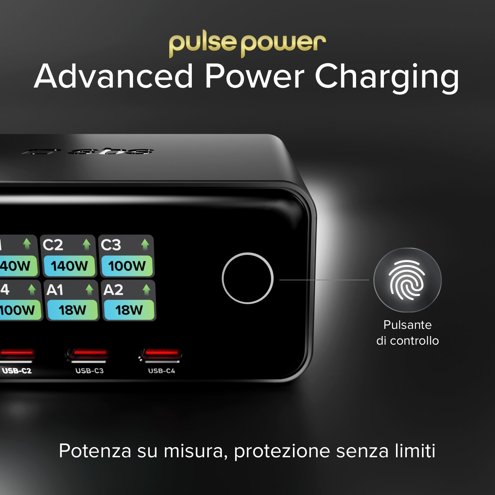Stazione ricarica da scrivania 240W con 6 porte e display TFT