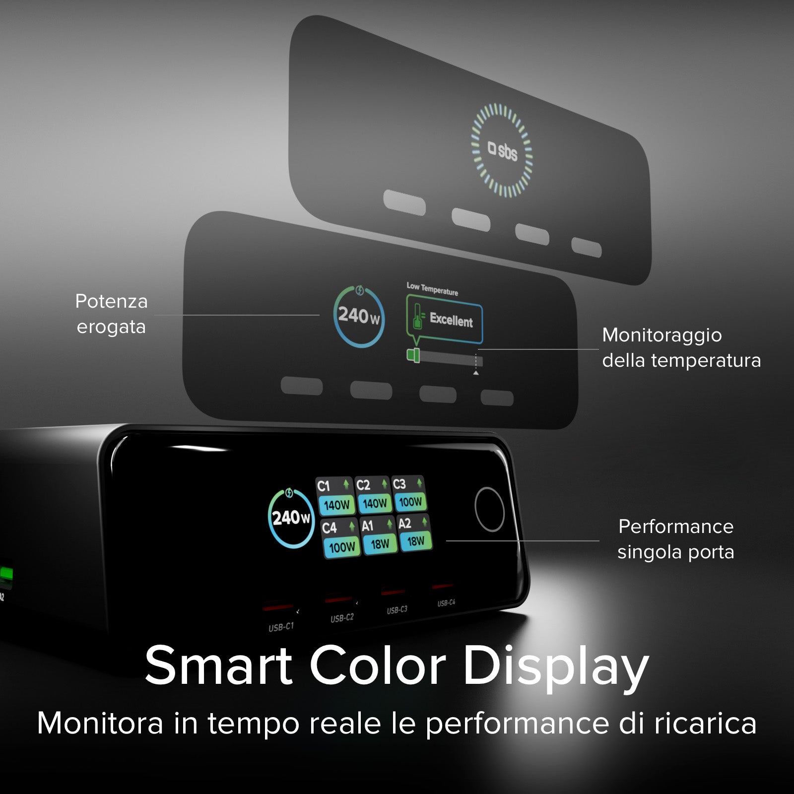 Stazione ricarica da scrivania 240W con 6 porte e display TFT