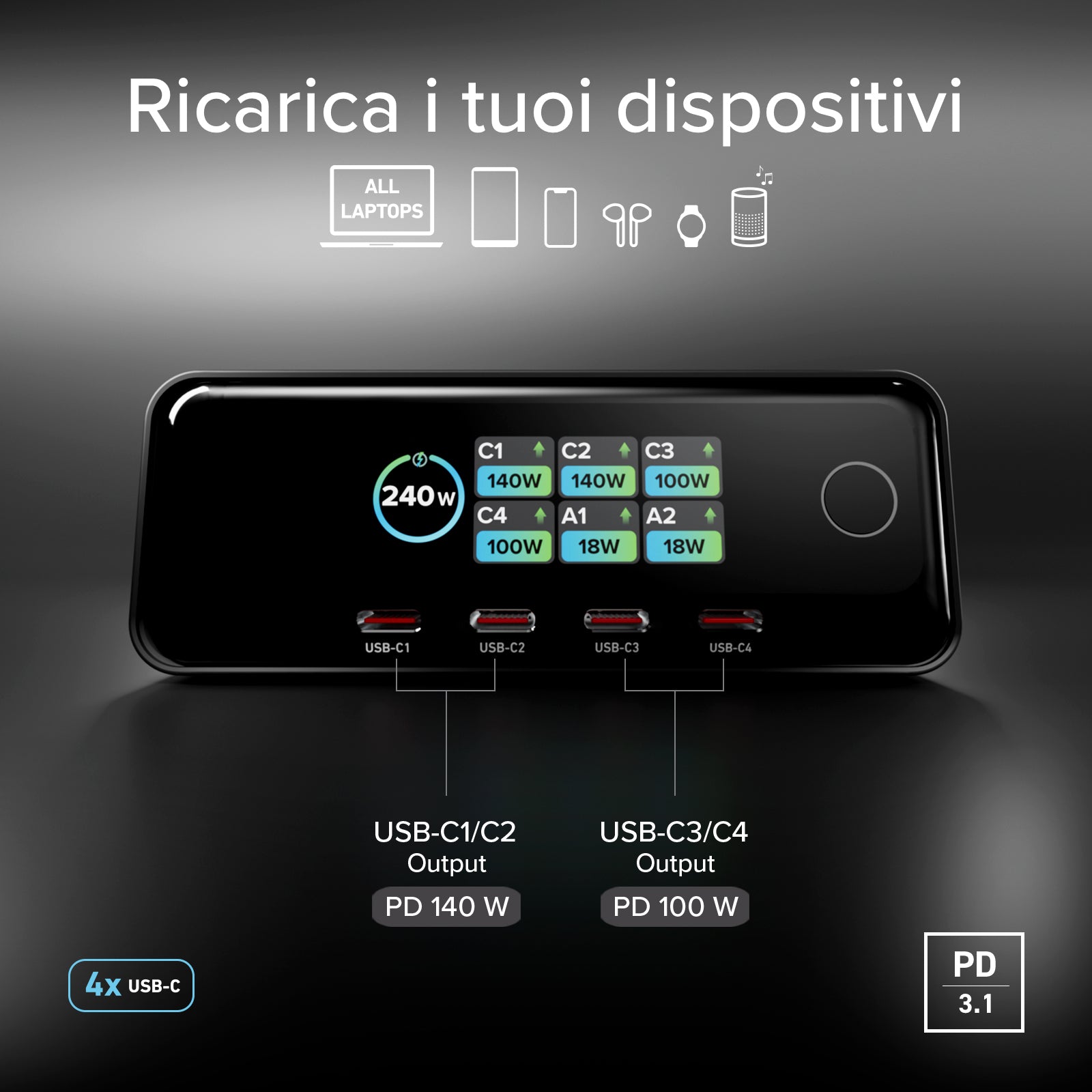 Stazione ricarica da scrivania 240W con 6 porte e display TFT