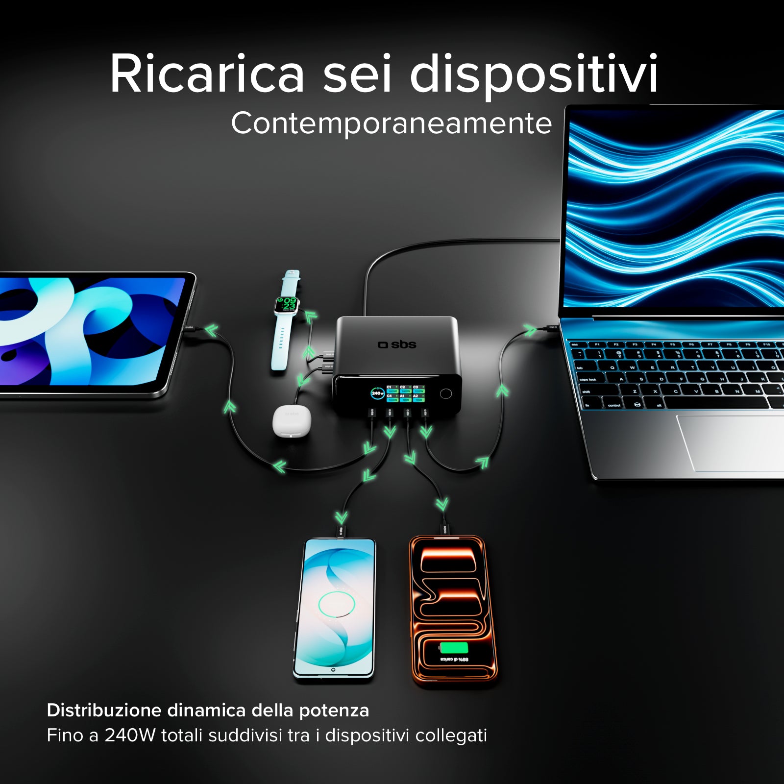 Stazione ricarica da scrivania 240W con 6 porte e display TFT
