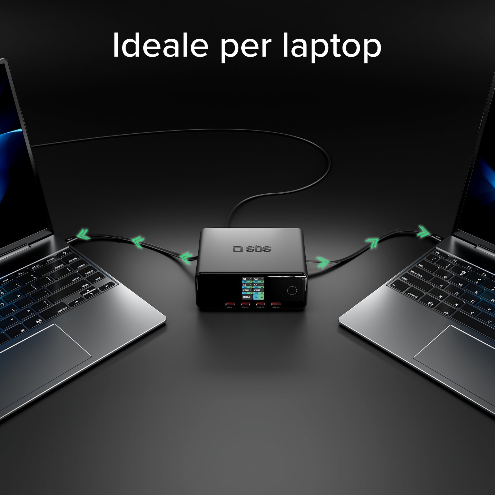 Stazione ricarica 140W con 2 cavi retrattili, 5 porte e display TFT
