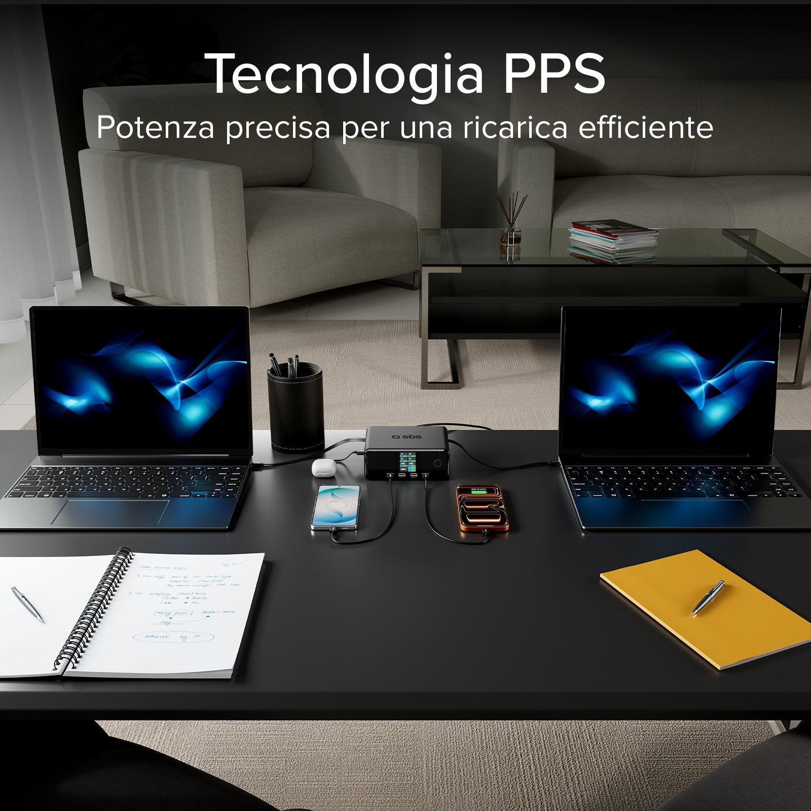 Stazione ricarica 140W con 2 cavi retrattili, 5 porte e display TFT