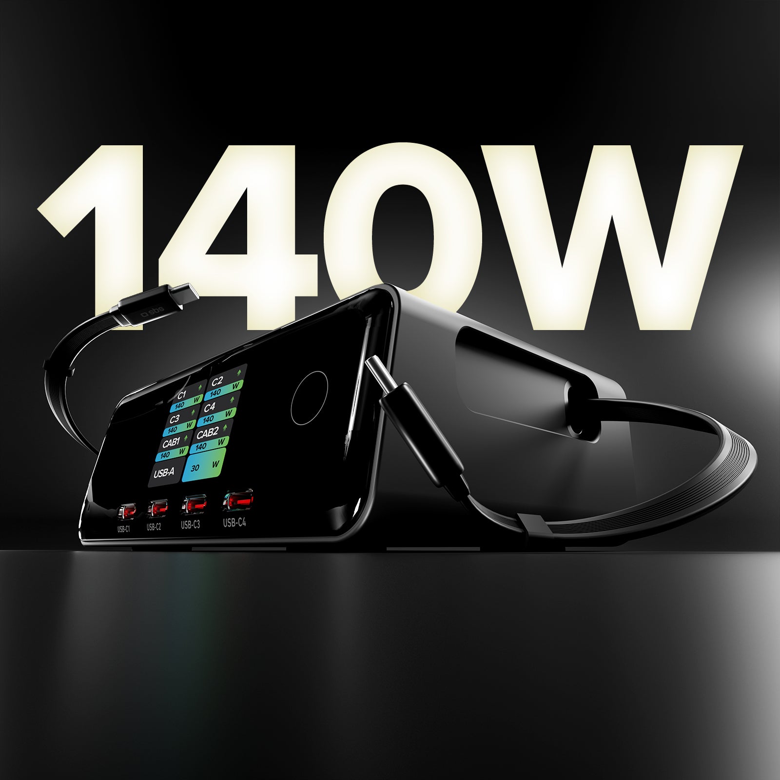 Station de charge 140W avec 2 câbles rétractables et 5 ports USB-C/USB-A