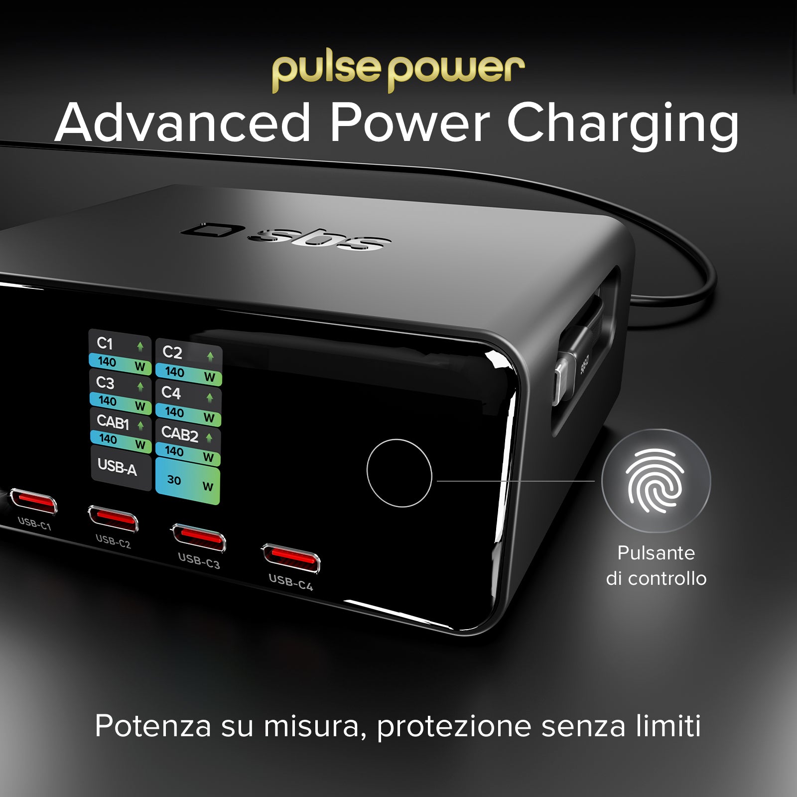 Stazione ricarica 140W con 2 cavi retrattili, 5 porte e display TFT