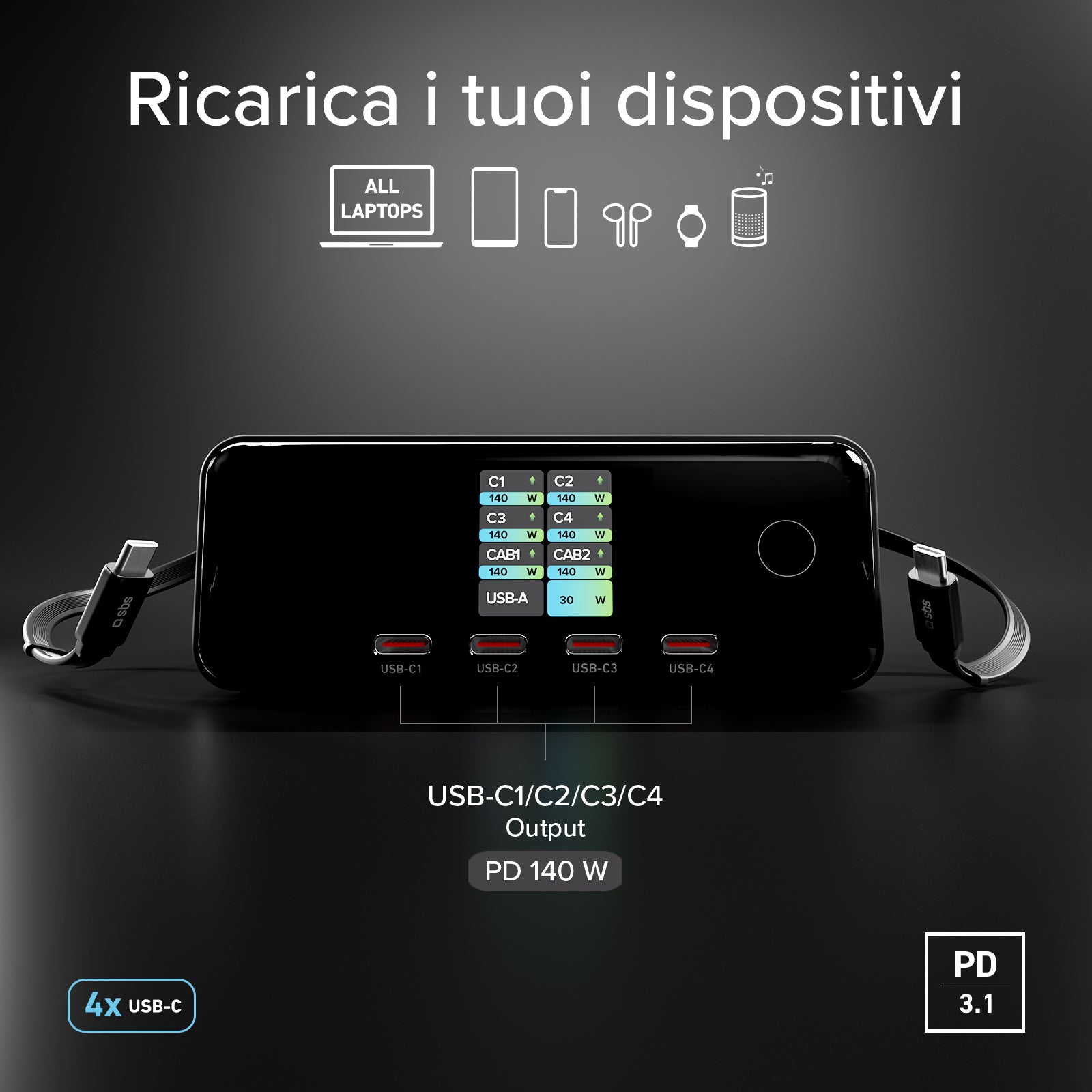 Stazione ricarica 140W con 2 cavi retrattili, 5 porte e display TFT