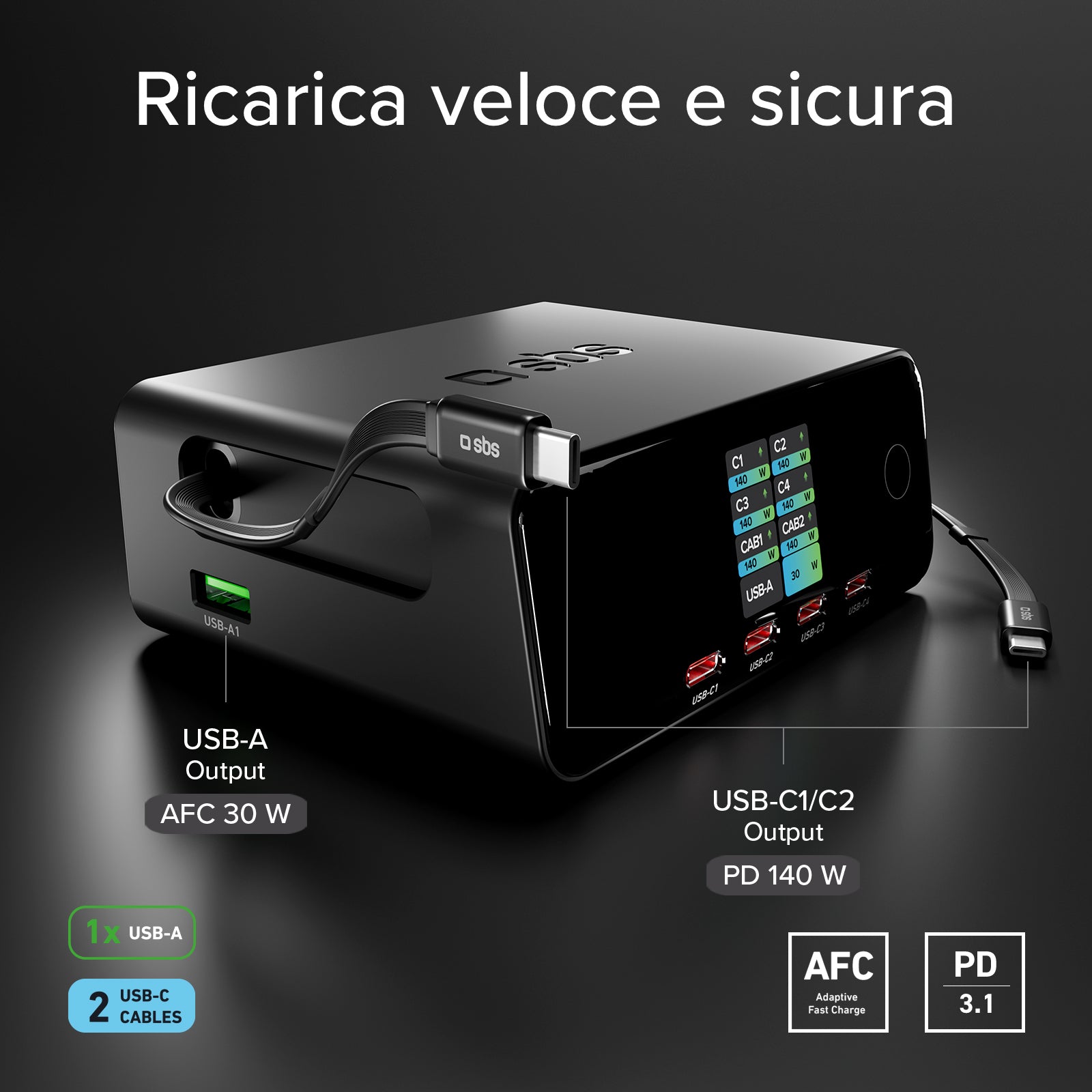 Stazione ricarica 140W con 2 cavi retrattili, 5 porte e display TFT