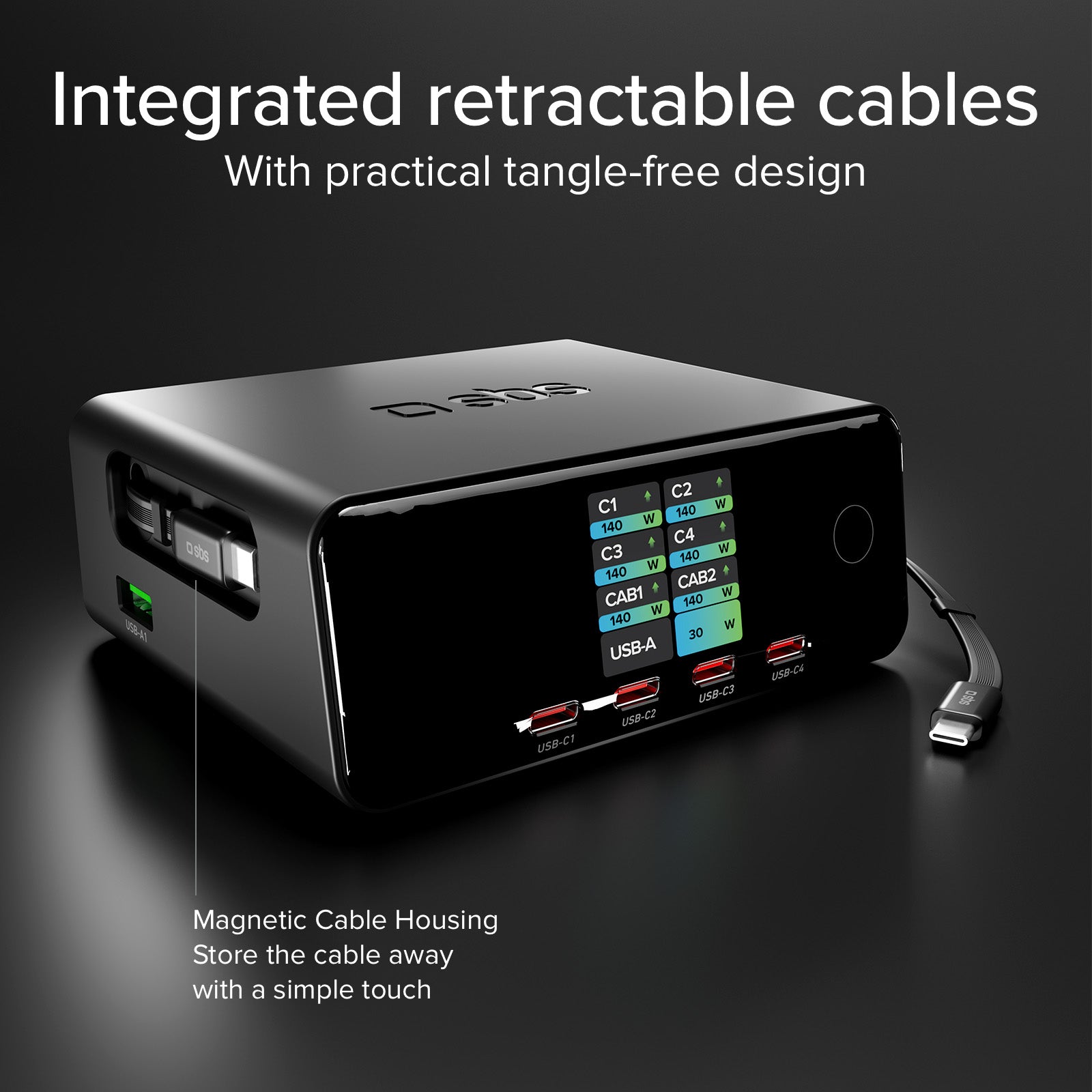 Stazione ricarica 140W con 2 cavi retrattili, 5 porte e display TFT