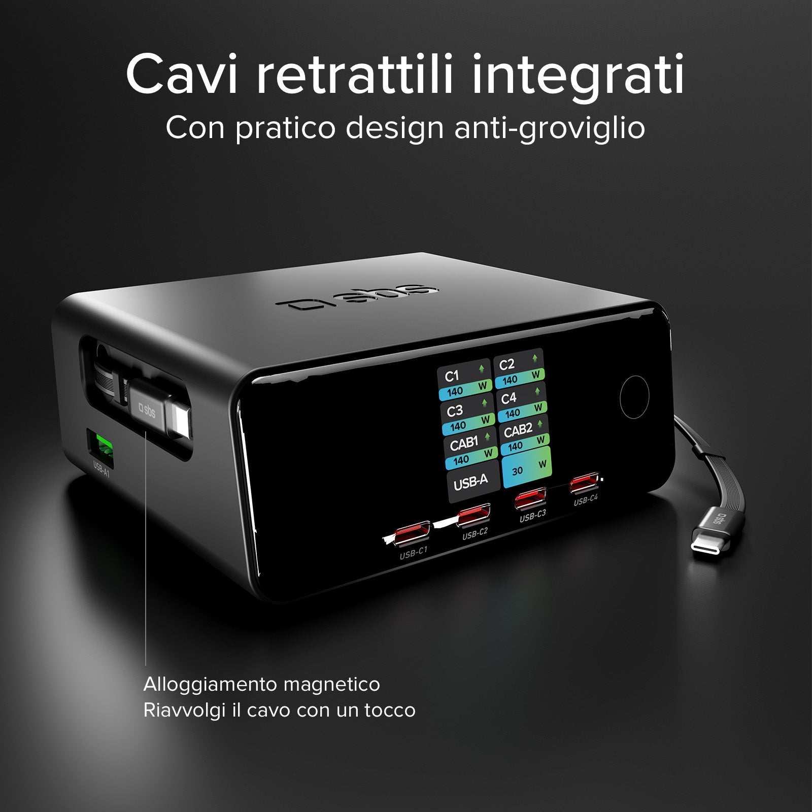 Stazione ricarica 140W con 2 cavi retrattili, 5 porte e display TFT