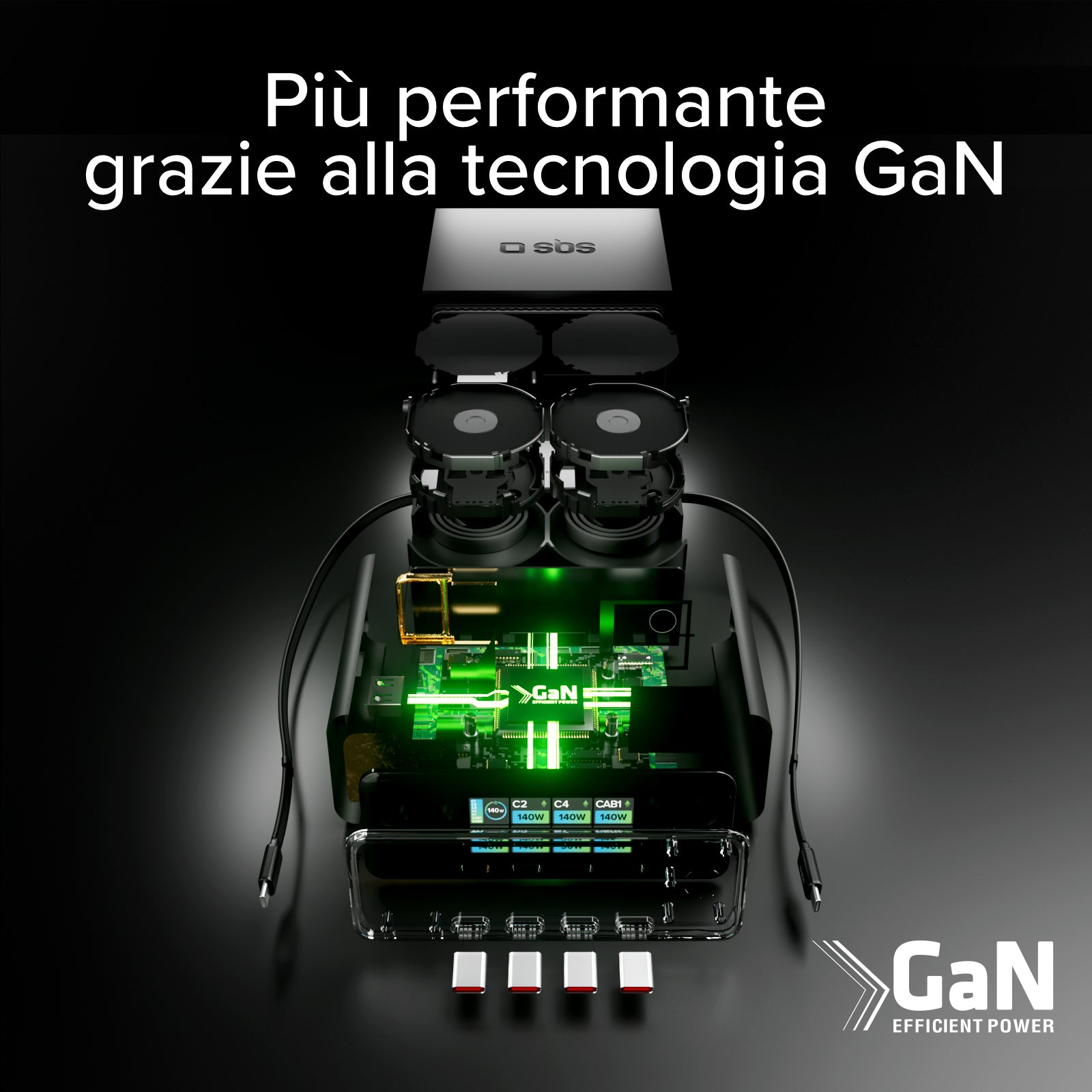 Stazione ricarica 140W con 2 cavi retrattili, 5 porte e display TFT