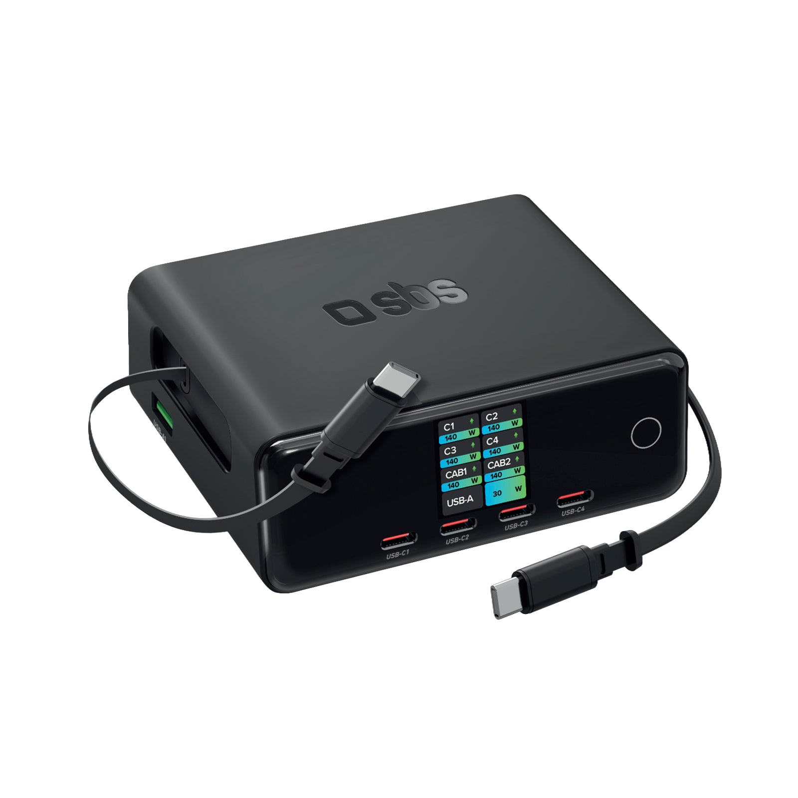 Stazione ricarica 140W con 2 cavi retrattili, 5 porte e display TFT