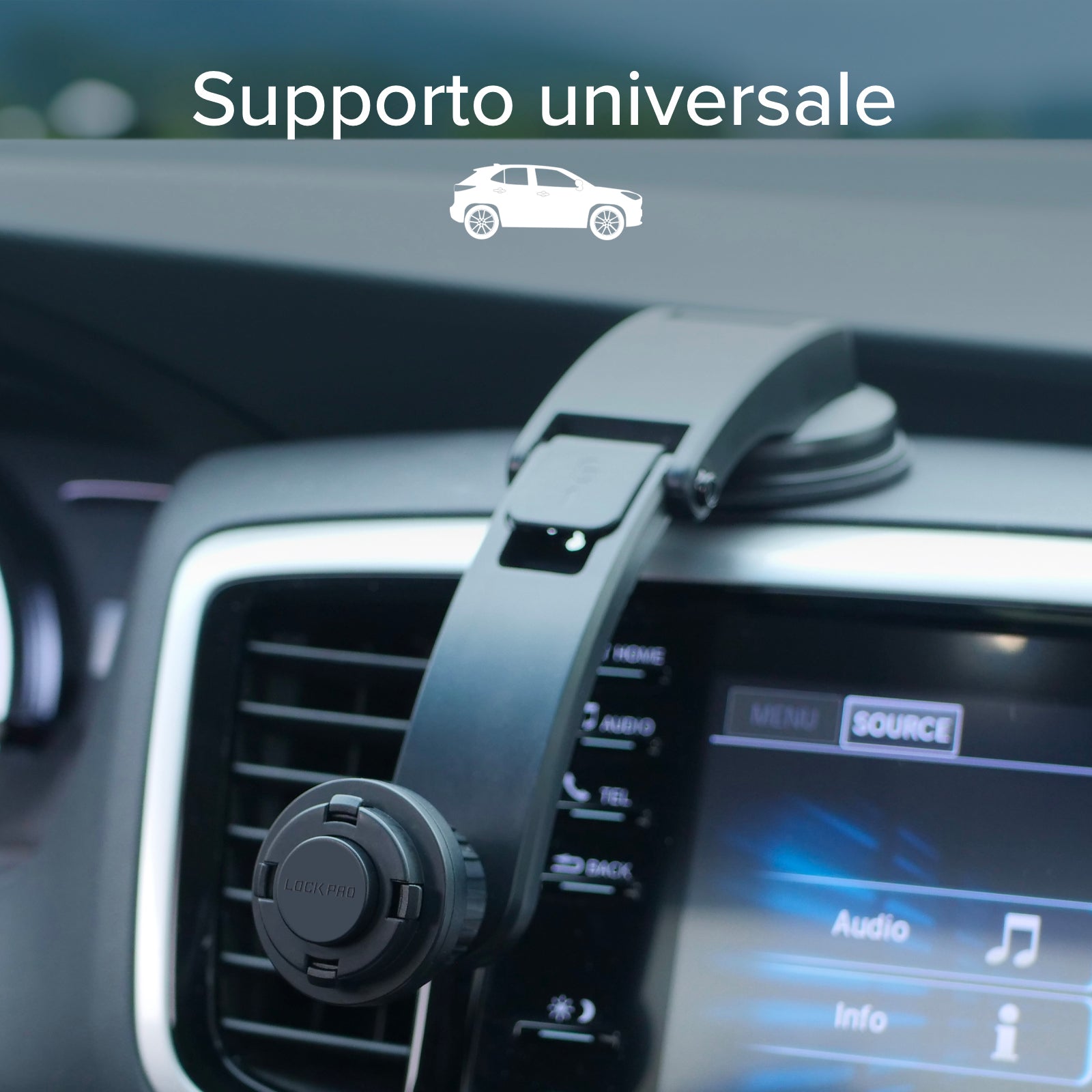 Supporto auto per parabrezza o cruscotto con sistema di bloccaggio LockPro