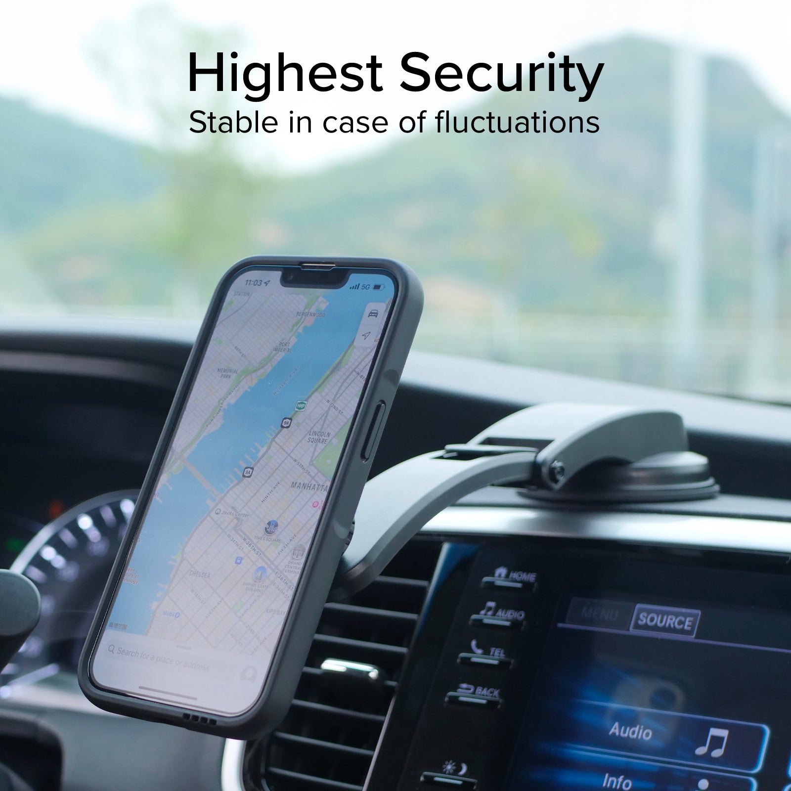 Supporto auto per parabrezza o cruscotto con sistema di bloccaggio LockPro