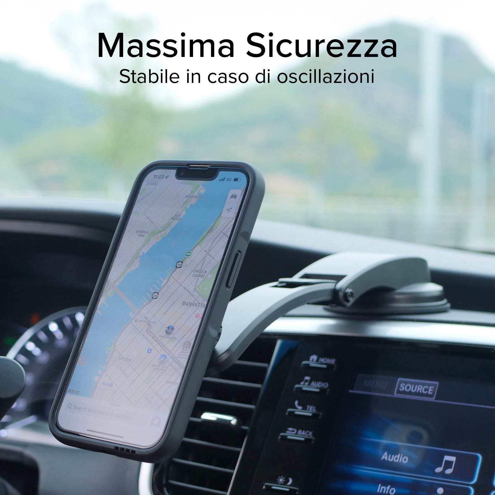 Supporto auto per parabrezza o cruscotto con sistema di bloccaggio LockPro
