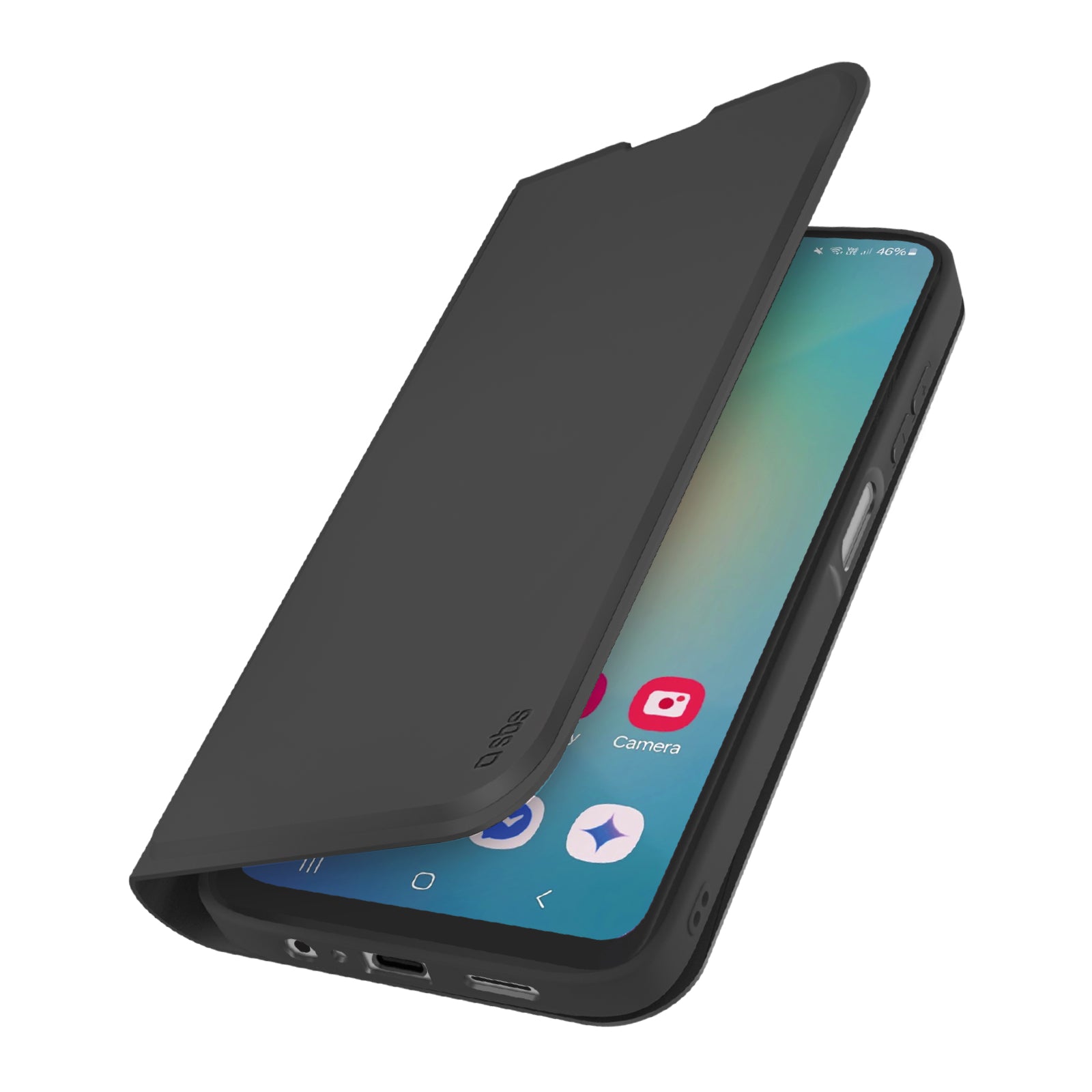Book-style case with stand support and soft touch surface for Samsung A07