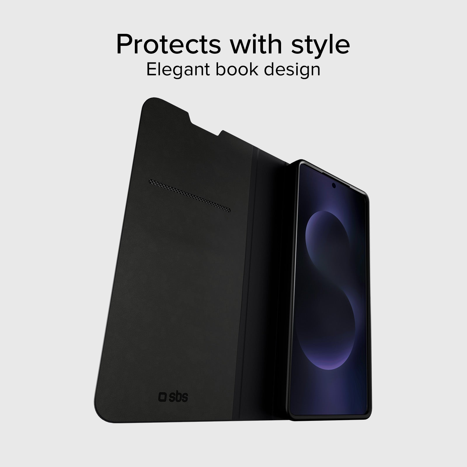 Book-style case with stand support and soft touch surface for Samsung S26+