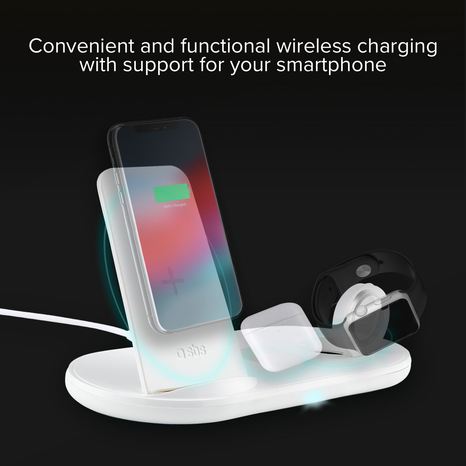Caricatore QI Wireless 3 in 1, supporto per smartphone, auricolari, Apple Watch
